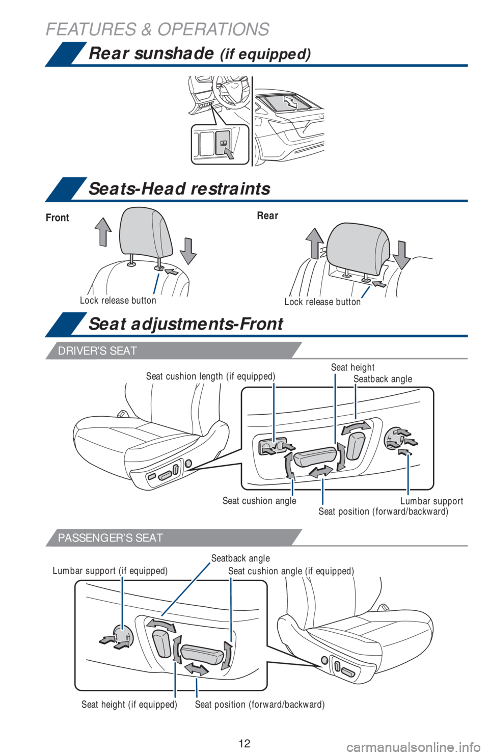 TOYOTA AVALON 2018 (in English) User Guide 12
Seats-Head restraints
Rear sunshade (if equipped)
Seat adjustments-Front
FEATURES & OPERATIONS
Lock release buttonLock release button
Seat position (forward/backward)
Seat position (forward/backwar TOYOTA AVALON 2018 (in English) User Guide 12
Seats-Head restraints
Rear sunshade (if equipped)
Seat adjustments-Front
FEATURES & OPERATIONS
Lock release buttonLock release button
Seat position (forward/backward)
Seat position (forward/backwar