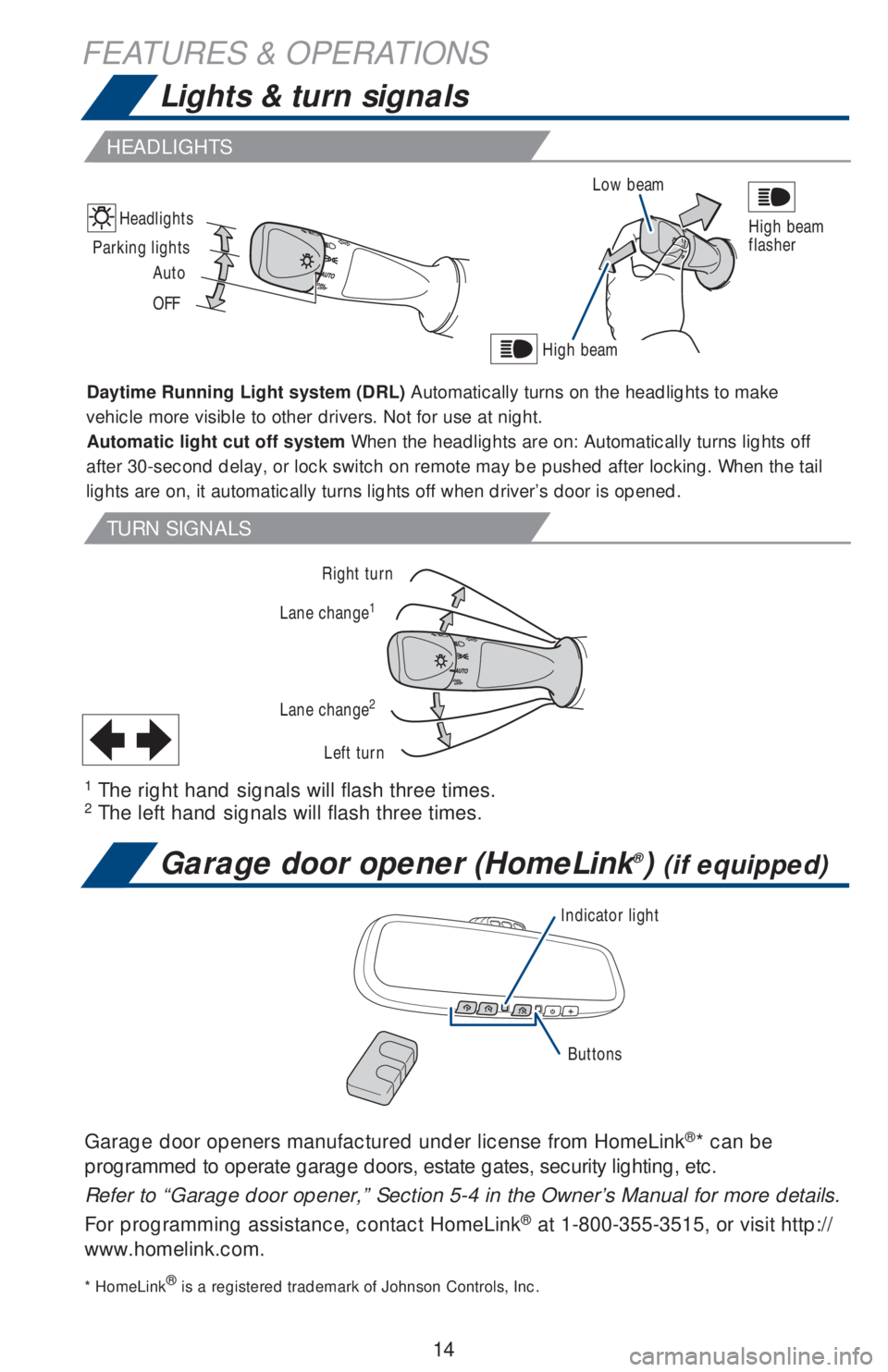 TOYOTA AVALON 2018 (in English) User Guide 14
FEATURES & OPERATIONS
Daytime Running Light system (DRL) Automatically turns on the headlights to make
vehicle more visible to other drivers. Not for use at night.
Automatic light cut off system W TOYOTA AVALON 2018 (in English) User Guide 14
FEATURES & OPERATIONS
Daytime Running Light system (DRL) Automatically turns on the headlights to make
vehicle more visible to other drivers. Not for use at night.
Automatic light cut off system W
