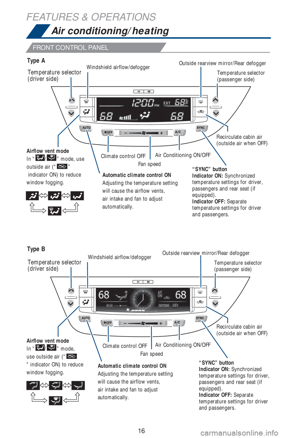 TOYOTA AVALON 2018 (in English) User Guide 16
FEATURES & OPERATIONS
FRONT CONTROL PANEL
Type A
Type B
Temperature selector
(driver side)
Temperature selector
(driver side)Windshield airflow/defogger
Windshield airflow/defoggerAir Conditionin TOYOTA AVALON 2018 (in English) User Guide 16
FEATURES & OPERATIONS
FRONT CONTROL PANEL
Type A
Type B
Temperature selector
(driver side)
Temperature selector
(driver side)Windshield airflow/defogger
Windshield airflow/defoggerAir Conditionin