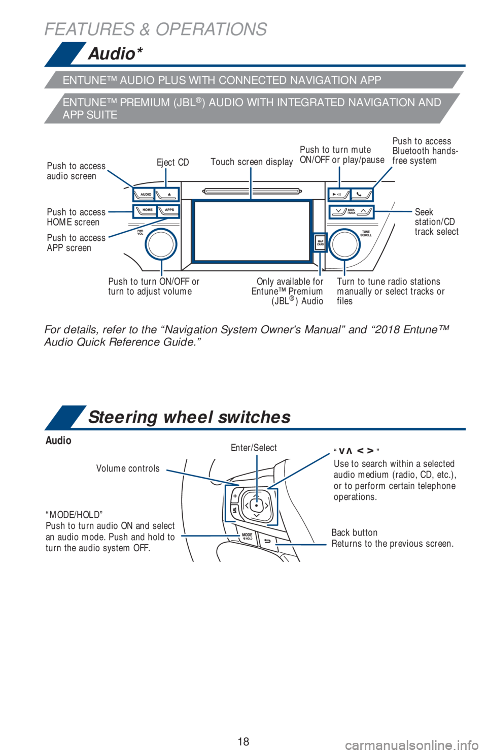 TOYOTA AVALON 2018 (in English) User Guide 18
FEATURES & OPERATIONS
Audio*
Volume controls
“MODE/HOLD”
Push to turn audio ON and select
an audio mode. Push and hold to
turn the audio system OFF.
Back button
Returns to the previous scree TOYOTA AVALON 2018 (in English) User Guide 18
FEATURES & OPERATIONS
Audio*
Volume controls
“MODE/HOLD”
Push to turn audio ON and select
an audio mode. Push and hold to
turn the audio system OFF.
Back button
Returns to the previous scree