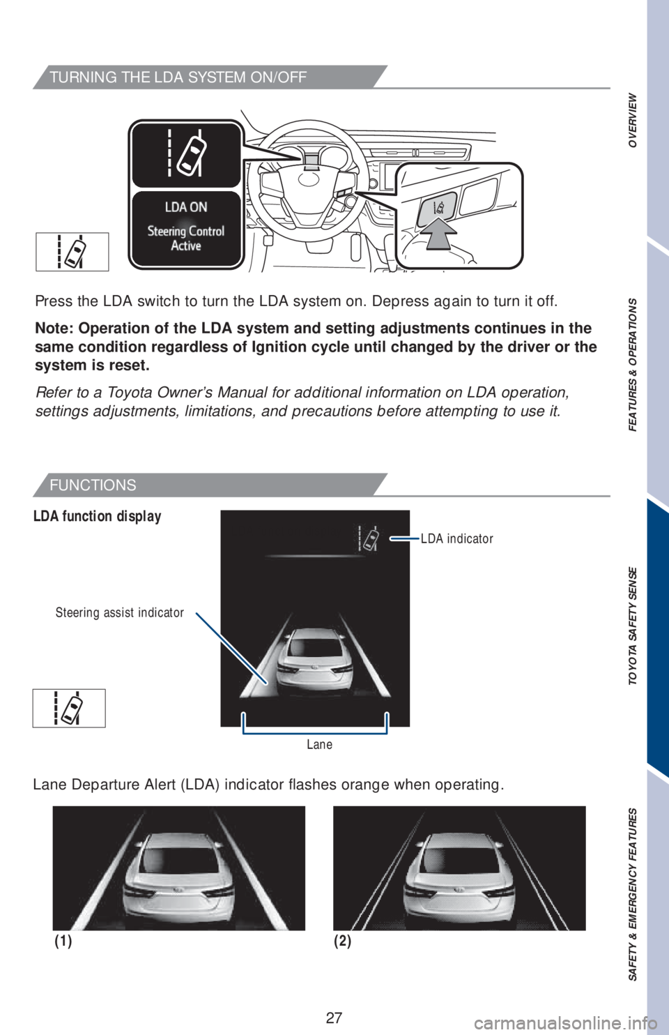 TOYOTA AVALON 2018  Owners Manual (in English) 27
OVERVIEW FEATURES & OPERATIONS TOYOTA SAFETY SENSE SAFETY & EMERGENCY FEATURES
TURNING THE LDA SYSTEM ON/OFF
Press the LDA switch to turn the LDA system on. Depress again to turn it off.
Note: Oper