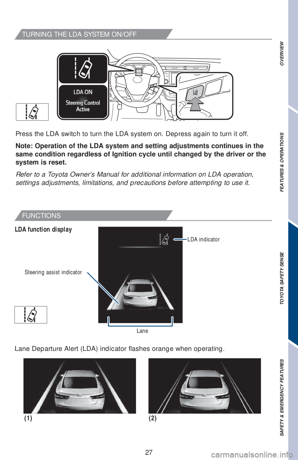 TOYOTA AVALON 2018   (in English) Owners Manual 27
OVERVIEW FEATURES & OPERATIONS TOYOTA SAFETY SENSE SAFETY & EMERGENCY FEATURES
TURNING THE LDA SYSTEM ON/OFF
Press the LDA switch to turn the LDA system on. Depress again to turn it off.
Note: Oper
