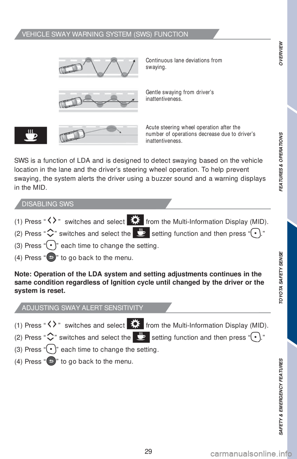 TOYOTA AVALON 2018  Owners Manual (in English) 29
OVERVIEW FEATURES & OPERATIONS TOYOTA SAFETY SENSE SAFETY & EMERGENCY FEATURES
VEHICLE SWAY WARNING SYSTEM (SWS) FUNCTION
SWS is a function of LDA and is designed to detect swaying based on the veh