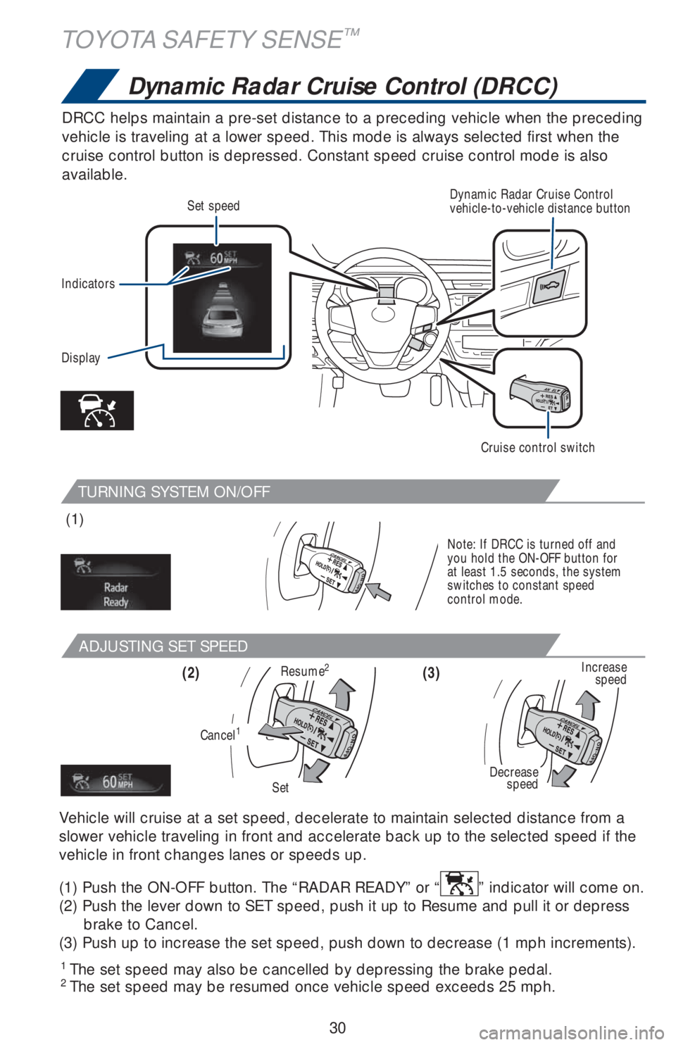 TOYOTA AVALON 2018 (in English) Owners Guide 30
TURNING SYSTEM ON/OFF
ADJUSTING SET SPEED
DRCC helps maintain a pre-set distance to a preceding vehicle when the preceding
vehicle is traveling at a lower speed. This mode is always selected first TOYOTA AVALON 2018 (in English) Owners Guide 30
TURNING SYSTEM ON/OFF
ADJUSTING SET SPEED
DRCC helps maintain a pre-set distance to a preceding vehicle when the preceding
vehicle is traveling at a lower speed. This mode is always selected first