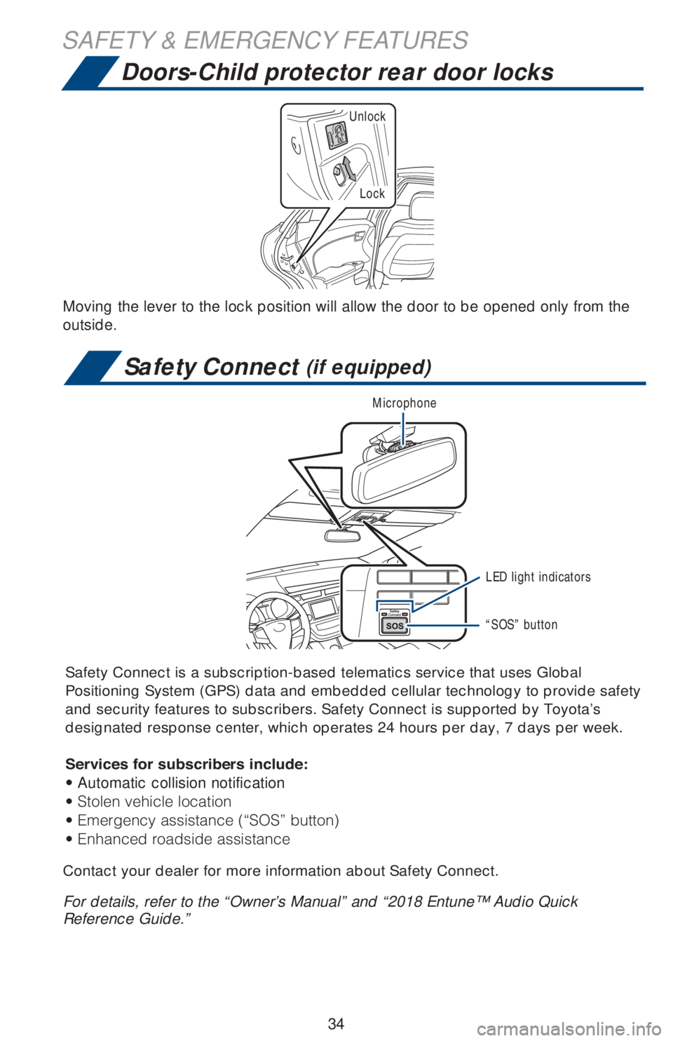 TOYOTA AVALON 2018   (in English) Owners Guide 34
SAFETY & EMERGENCY FEATURES
Moving the lever to the lock position will allow the door to be opened only from the 
outside.
Lock
Unlock
Doors-Child protector rear door locks
Safety Connect (if equip