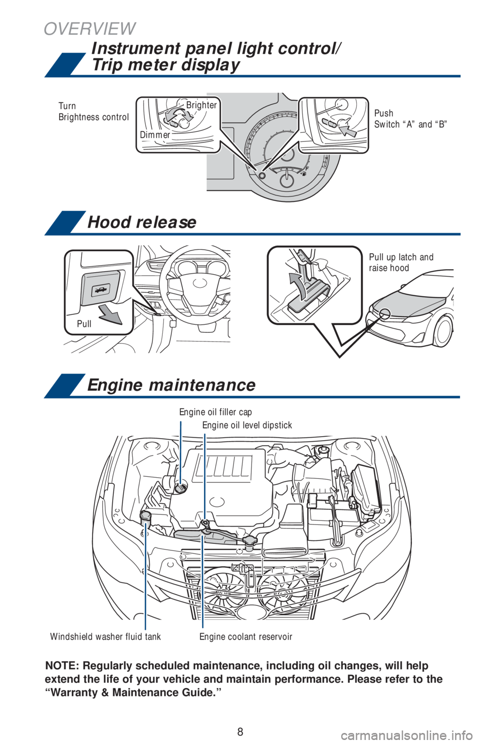 TOYOTA AVALON 2018  Owners Manual (in English) 8
OVERVIEW
NOTE: Regularly scheduled maintenance, including  oil changes, will help 
extend the life of your vehicle and maintain performance. Please refer to the 
“Warranty & Maintenance Guide.”
