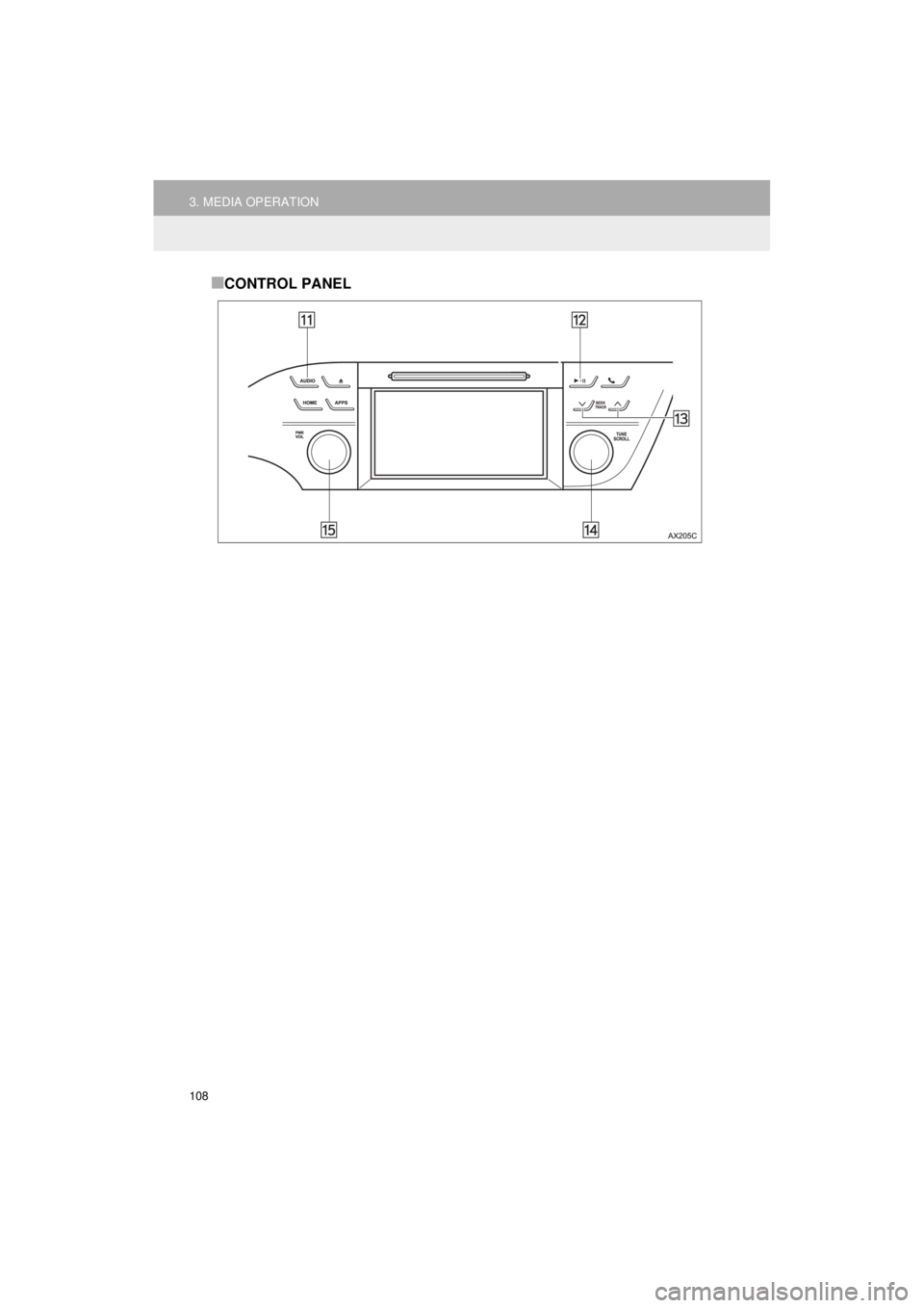 TOYOTA AVALON 2018 Accessories, Audio & Navigation (in English) 108
3. MEDIA OPERATION
AVA L O N _ AVA L O N H Y B R I D _ N a v i _ U
■CONTROL PANEL TOYOTA AVALON 2018 Accessories, Audio & Navigation (in English) 108
3. MEDIA OPERATION
AVA L O N _ AVA L O N H Y B R I D _ N a v i _ U
■CONTROL PANEL