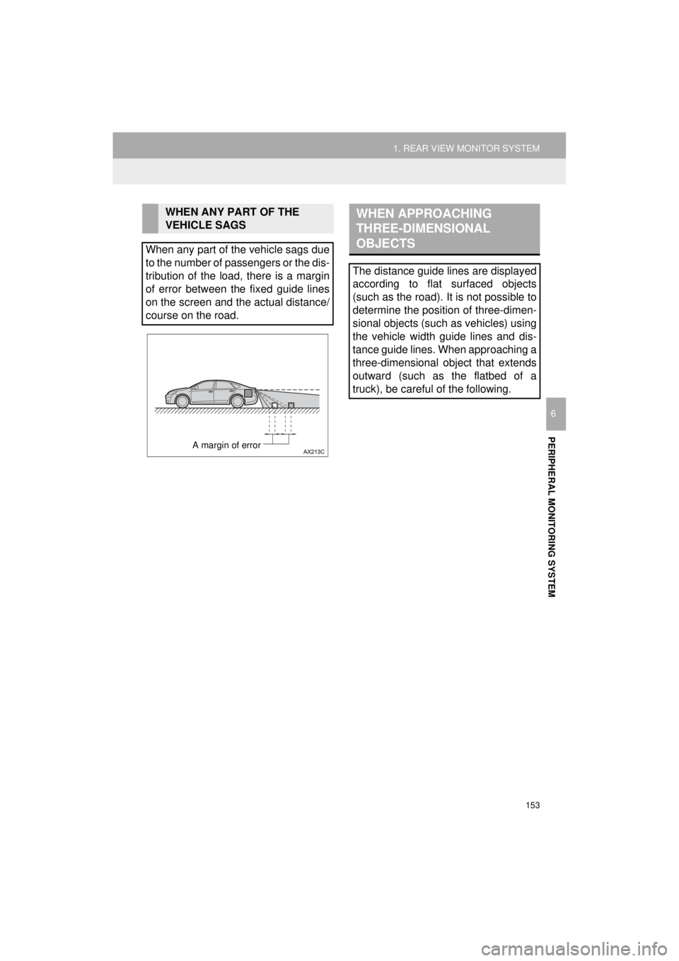 TOYOTA AVALON 2018 Accessories, Audio & Navigation (in English) 153
1. REAR VIEW MONITOR SYSTEM
PERIPHERAL MONITORING SYSTEM
AVA L O N _ AVA L O N H Y B R I D _ N a v i _ U
6
WHEN ANY PART OF THE
VEHICLE SAGS
When any part of the vehicle sags due
to the number o TOYOTA AVALON 2018 Accessories, Audio & Navigation (in English) 153
1. REAR VIEW MONITOR SYSTEM
PERIPHERAL MONITORING SYSTEM
AVA L O N _ AVA L O N H Y B R I D _ N a v i _ U
6
WHEN ANY PART OF THE
VEHICLE SAGS
When any part of the vehicle sags due
to the number o