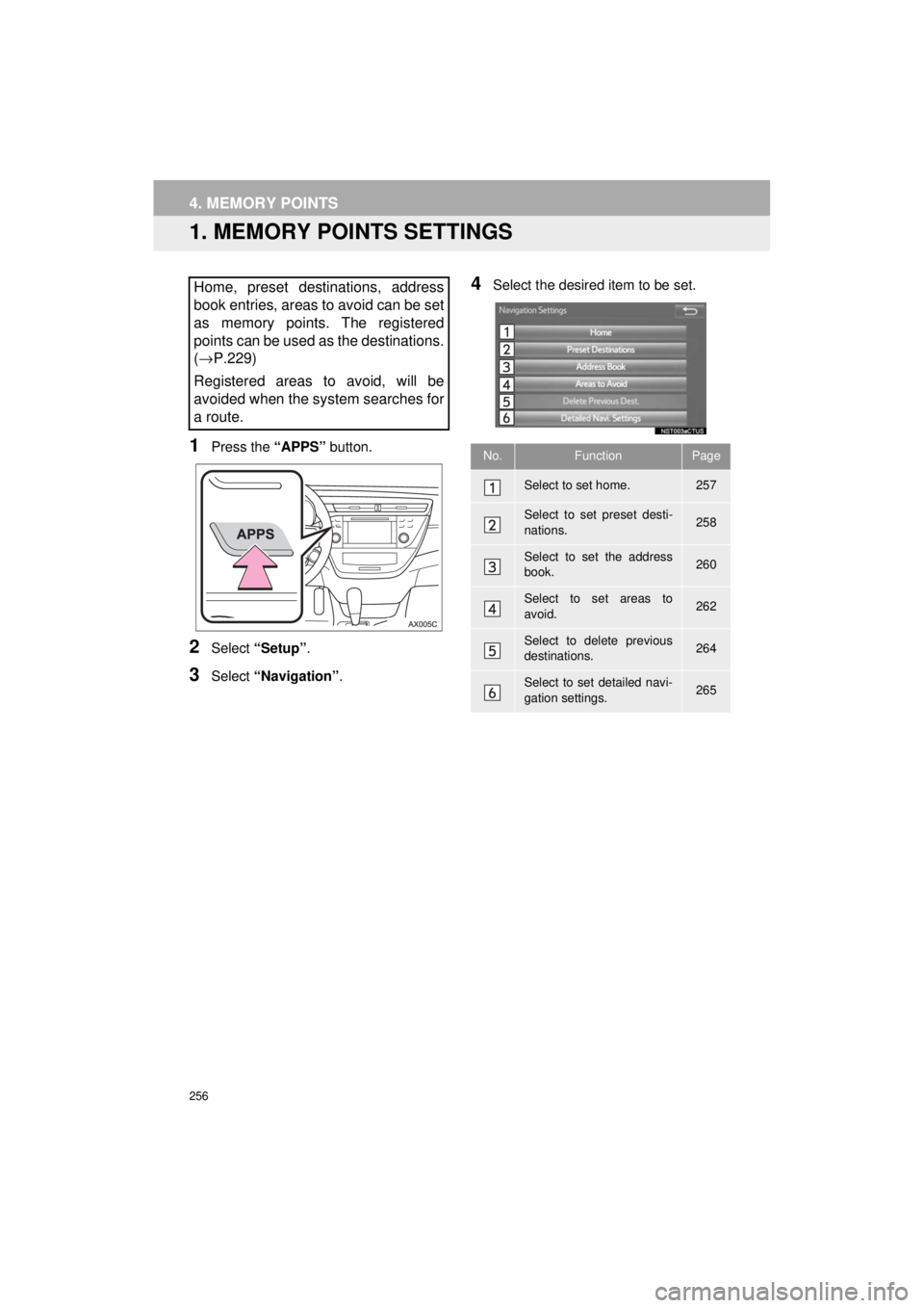 TOYOTA AVALON 2018 Accessories, Audio & Navigation (in English) 256
AVA L O N _ AVA L O N H Y B R I D _ N a v i _ U
4. MEMORY POINTS
1. MEMORY POINTS SETTINGS
1Press the “APPS” button.
2Select “Setup” .
3Select “Navigation” .
4Select the desired item TOYOTA AVALON 2018 Accessories, Audio & Navigation (in English) 256
AVA L O N _ AVA L O N H Y B R I D _ N a v i _ U
4. MEMORY POINTS
1. MEMORY POINTS SETTINGS
1Press the “APPS” button.
2Select “Setup” .
3Select “Navigation” .
4Select the desired item
