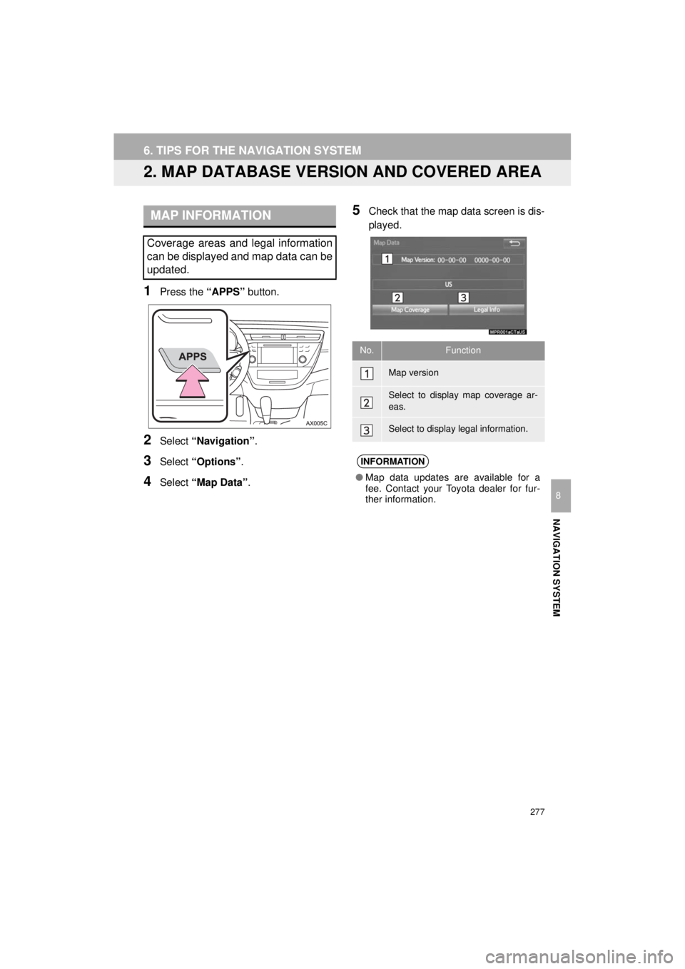 TOYOTA AVALON 2018 Accessories, Audio & Navigation (in English) 277
6. TIPS FOR THE NAVIGATION SYSTEM
AVA L O N _ AVA L O N H Y B R I D _ N a v i _ U
NAVIGATION SYSTEM
8
2. MAP DATABASE VERSION AND COVERED AREA
1Press the “APPS” button.
2Select “Navigation TOYOTA AVALON 2018 Accessories, Audio & Navigation (in English) 277
6. TIPS FOR THE NAVIGATION SYSTEM
AVA L O N _ AVA L O N H Y B R I D _ N a v i _ U
NAVIGATION SYSTEM
8
2. MAP DATABASE VERSION AND COVERED AREA
1Press the “APPS” button.
2Select “Navigation