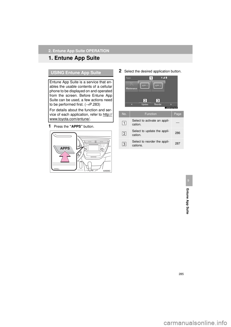 TOYOTA AVALON 2018 Accessories, Audio & Navigation (in English) 285
AVA L O N _ AVA L O N H Y B R I D _ N a v i _ U
Entune App Suite
9
2. Entune App Suite OPERATION
1. Entune App Suite
1Press the “APPS” button.
2Select the desired application button.USING Ent TOYOTA AVALON 2018 Accessories, Audio & Navigation (in English) 285
AVA L O N _ AVA L O N H Y B R I D _ N a v i _ U
Entune App Suite
9
2. Entune App Suite OPERATION
1. Entune App Suite
1Press the “APPS” button.
2Select the desired application button.USING Ent