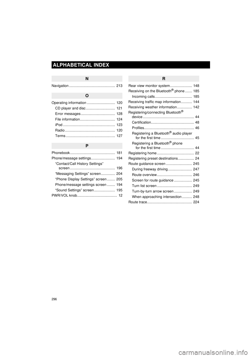 TOYOTA AVALON 2018 Accessories, Audio & Navigation (in English) 296
ALPHABETICAL INDEX
AVA L O N _ AVA L O N H Y B R I D _ N a v i _ U
N
Navigation .............................................. 213
O
Operating information ............................ 120CD pla TOYOTA AVALON 2018 Accessories, Audio & Navigation (in English) 296
ALPHABETICAL INDEX
AVA L O N _ AVA L O N H Y B R I D _ N a v i _ U
N
Navigation .............................................. 213
O
Operating information ............................ 120CD pla