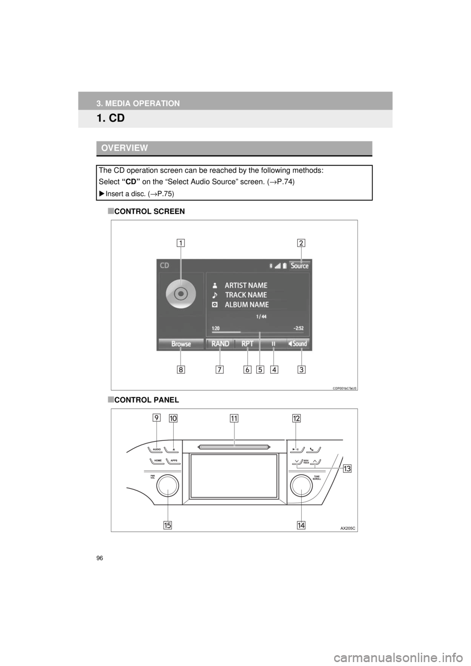 TOYOTA AVALON 2018 Accessories, Audio & Navigation (in English) 96
AVA L O N _ AVA L O N H Y B R I D _ N a v i _ U
3. MEDIA OPERATION
1. CD
■CONTROL SCREEN
■CONTROL PANEL
OVERVIEW
The CD operation screen can be reached by the following methods:
Select “CD TOYOTA AVALON 2018 Accessories, Audio & Navigation (in English) 96
AVA L O N _ AVA L O N H Y B R I D _ N a v i _ U
3. MEDIA OPERATION
1. CD
■CONTROL SCREEN
■CONTROL PANEL
OVERVIEW
The CD operation screen can be reached by the following methods:
Select “CD