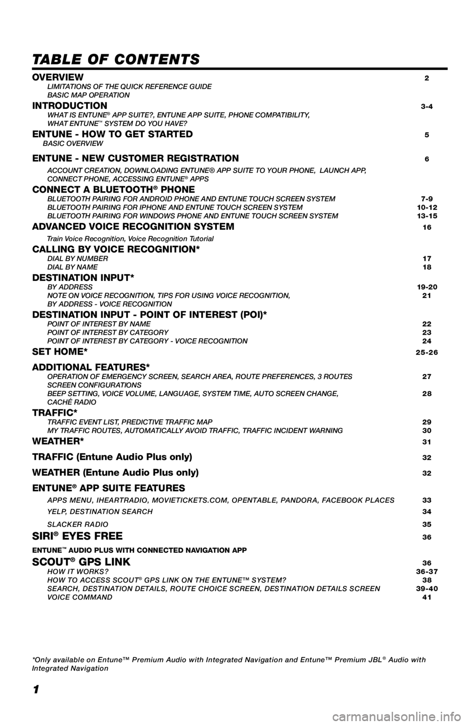 TOYOTA AVALON 2018 Accessories, Audio & Navigation (in English) 1
TABLE OF CONTENTS
OVERVIEW 2
LIMITATIONS OF THE QUICK REFERENCE GUIDE
BASIC MAP OPERATION
INTRODUCTION 3-4
WHAT IS ENTUNE® APP SUITE?, ENTUNE APP SUITE, PHONE COMPATIBILITY,
WHAT ENTUNE™ TOYOTA AVALON 2018 Accessories, Audio & Navigation (in English) 1
TABLE OF CONTENTS
OVERVIEW 2
LIMITATIONS OF THE QUICK REFERENCE GUIDE
BASIC MAP OPERATION
INTRODUCTION 3-4
WHAT IS ENTUNE® APP SUITE?, ENTUNE APP SUITE, PHONE COMPATIBILITY,
WHAT ENTUNE™