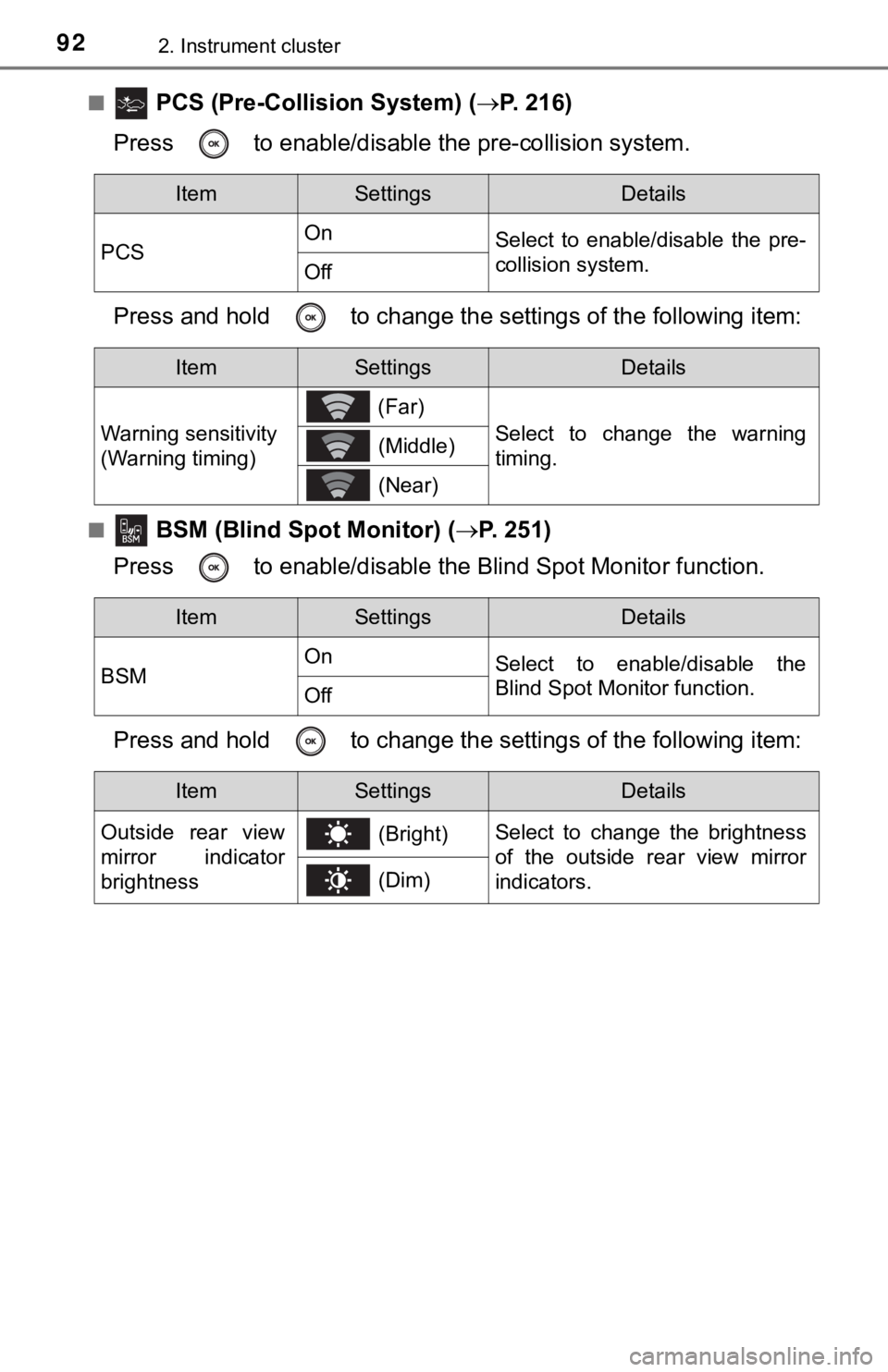 TOYOTA AVALON 2019 Owners Manual (in English) 922. Instrument cluster
■ PCS (Pre-Collision System) (P. 216)
Press to enable/disable the pre-collision system.
Press and hold to c hange the settings of the following item:
■ BSM (Blind S TOYOTA AVALON 2019 Owners Manual (in English) 922. Instrument cluster
■ PCS (Pre-Collision System) (P. 216)
Press to enable/disable the pre-collision system.
Press and hold to c hange the settings of the following item:
■ BSM (Blind S