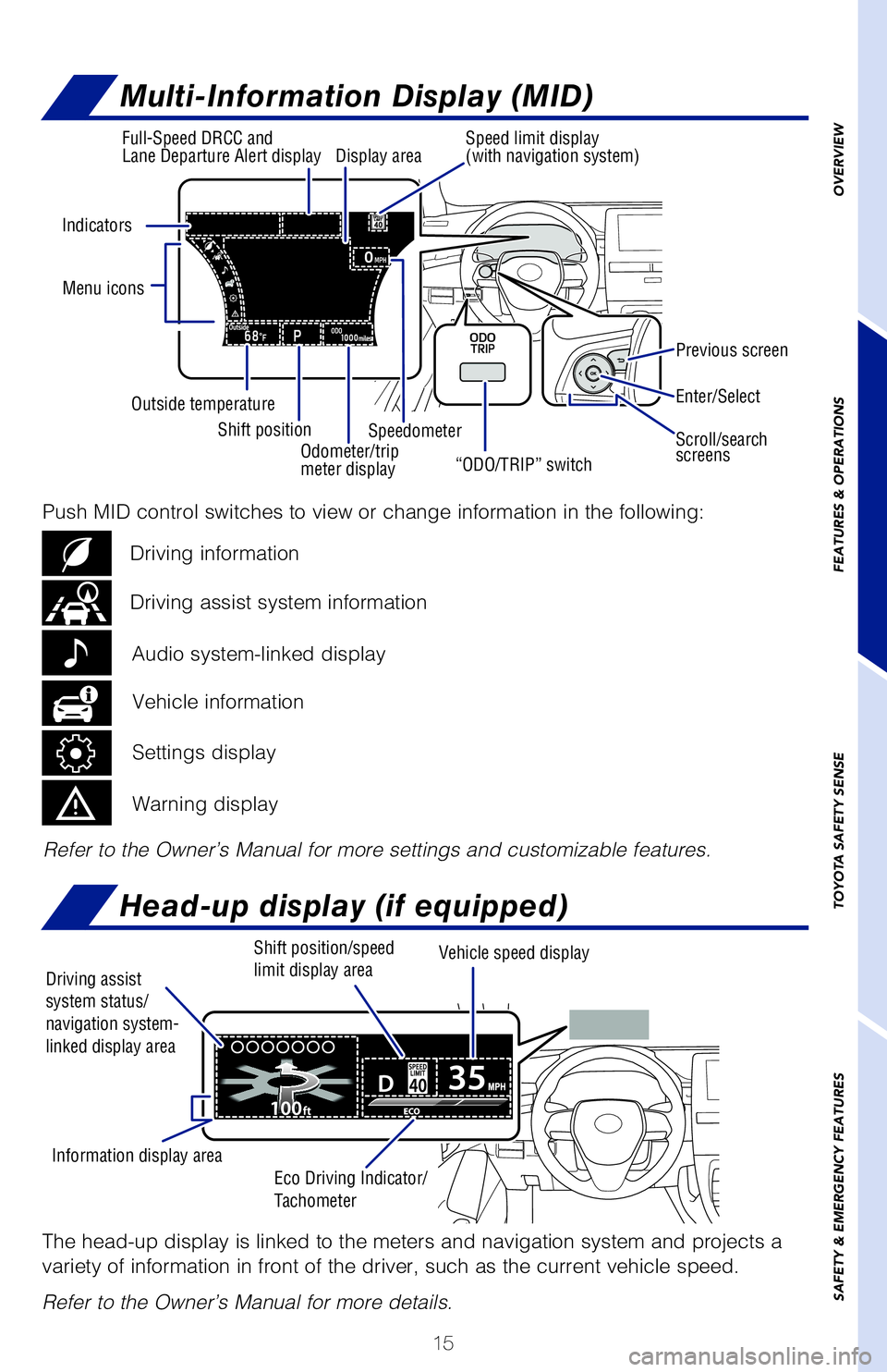 TOYOTA AVALON 2019 (in English) User Guide 15
Multi-Information Display (MID)
Head-up display (if equipped)
Refer to the Owner’s Manual for more settings and customizable features.
Previous screen
Indicators
Enter/Select
Scroll/search
scree TOYOTA AVALON 2019 (in English) User Guide 15
Multi-Information Display (MID)
Head-up display (if equipped)
Refer to the Owner’s Manual for more settings and customizable features.
Previous screen
Indicators
Enter/Select
Scroll/search
scree