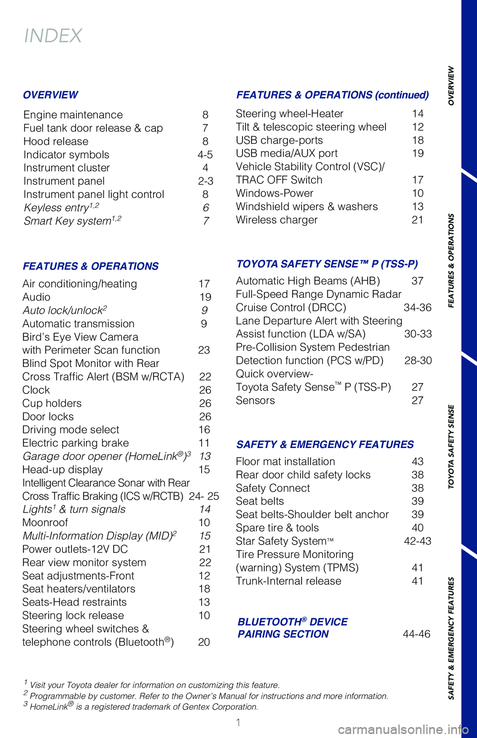 TOYOTA AVALON 2019 Owners Manual (in English) 1
OVERVIEW
FEATURES & OPERATIONS
TOYOTA SAFETY SENSE
SAFETY & EMERGENCY FEATURES
INDEX
Engine maintenance 8
Fuel tank door release & cap 7
Hood release 8
Indicator symbols 4-5
Instrument cluster TOYOTA AVALON 2019 Owners Manual (in English) 1
OVERVIEW
FEATURES & OPERATIONS
TOYOTA SAFETY SENSE
SAFETY & EMERGENCY FEATURES
INDEX
Engine maintenance 8
Fuel tank door release & cap 7
Hood release 8
Indicator symbols 4-5
Instrument cluster