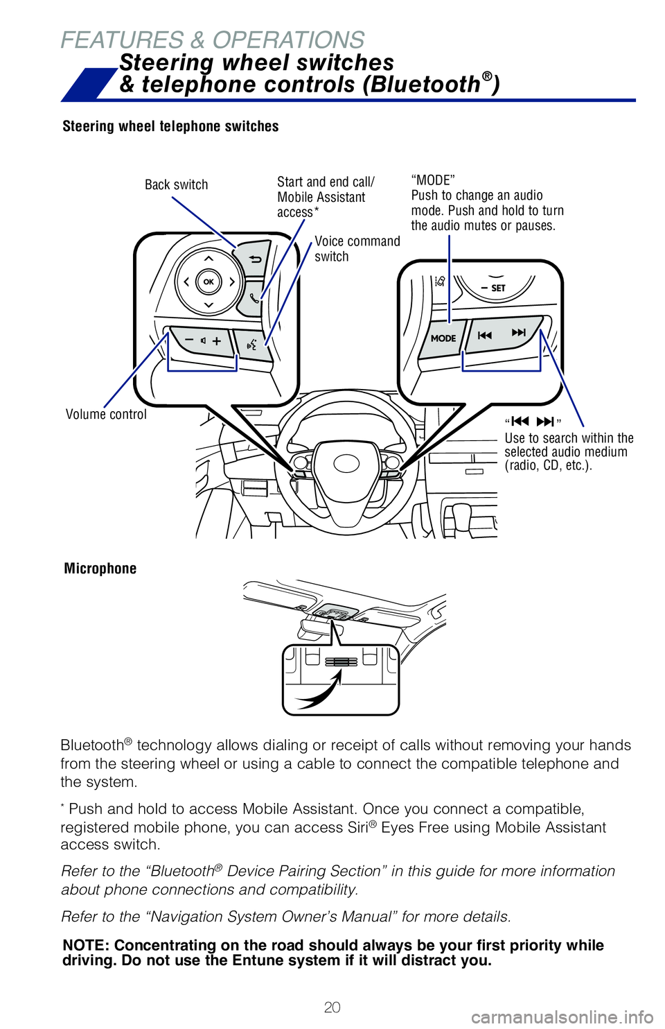 TOYOTA AVALON 2019 (in English) Owners Manual 20
FEATURES & OPERATIONS
Steering wheel telephone switches
Microphone
Bluetooth® technology allows dialing or receipt of calls without removing your han\
ds
from the steering wheel or using a cable TOYOTA AVALON 2019 (in English) Owners Manual 20
FEATURES & OPERATIONS
Steering wheel telephone switches
Microphone
Bluetooth® technology allows dialing or receipt of calls without removing your han\
ds
from the steering wheel or using a cable