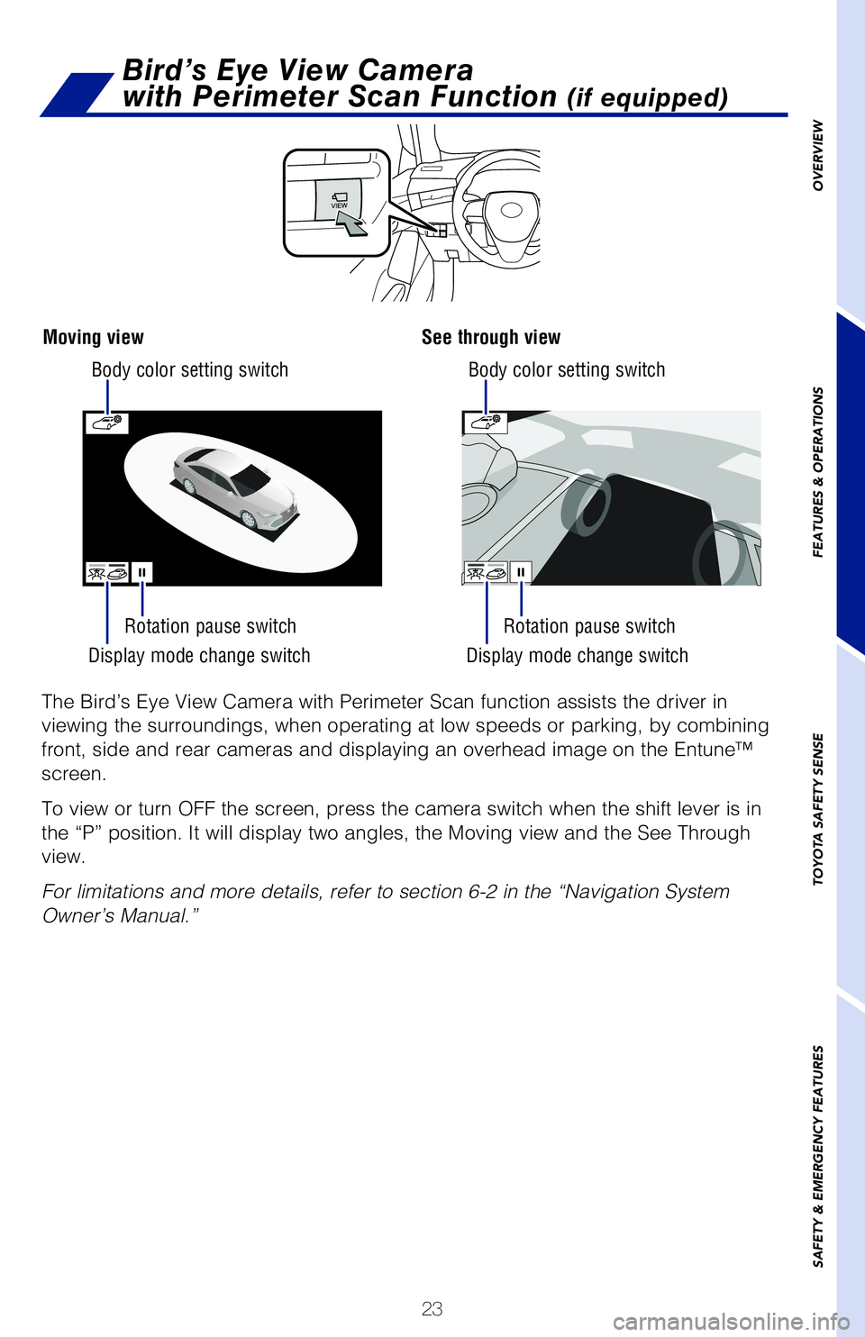 TOYOTA AVALON 2019 (in English) Owners Manual 23
The Blind Spot Monitor is a system that has two functions:
• The Blind Spot Monitor function (assists the driver in making the decision when changing lanes)
• The Rear Cross Traffic Alert funct TOYOTA AVALON 2019 (in English) Owners Manual 23
The Blind Spot Monitor is a system that has two functions:
• The Blind Spot Monitor function (assists the driver in making the decision when changing lanes)
• The Rear Cross Traffic Alert funct