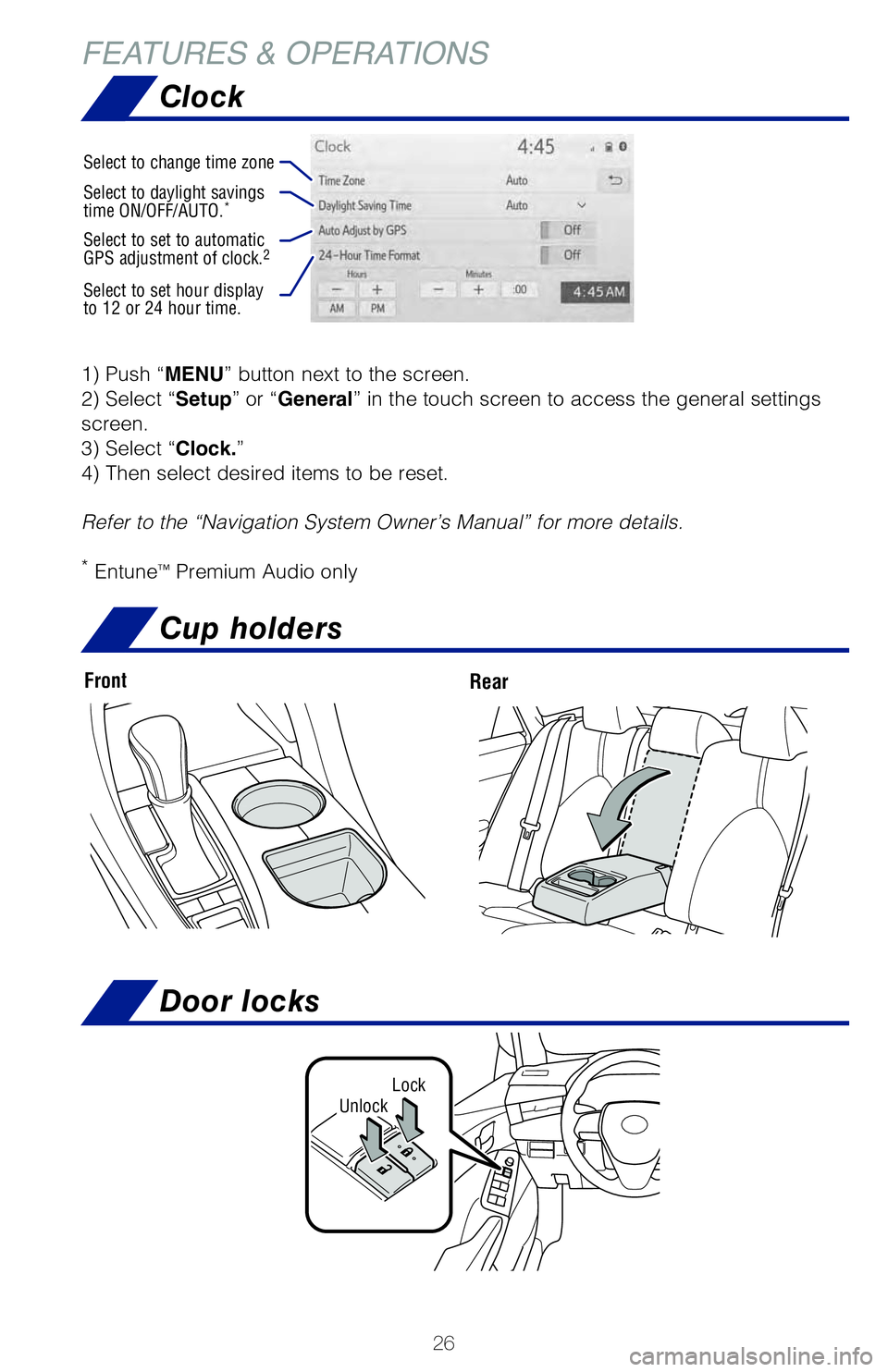 TOYOTA AVALON 2019 (in English) Owners Manual 26
Clock
Cup holders
FEATURES & OPERATIONS
FrontRear
TSS-P combines an in-vehicle camera mounted in front of the inside rear \
view mirror
and a millimeter-wave radar mounted in the front grill. Thes TOYOTA AVALON 2019 (in English) Owners Manual 26
Clock
Cup holders
FEATURES & OPERATIONS
FrontRear
TSS-P combines an in-vehicle camera mounted in front of the inside rear \
view mirror
and a millimeter-wave radar mounted in the front grill. Thes