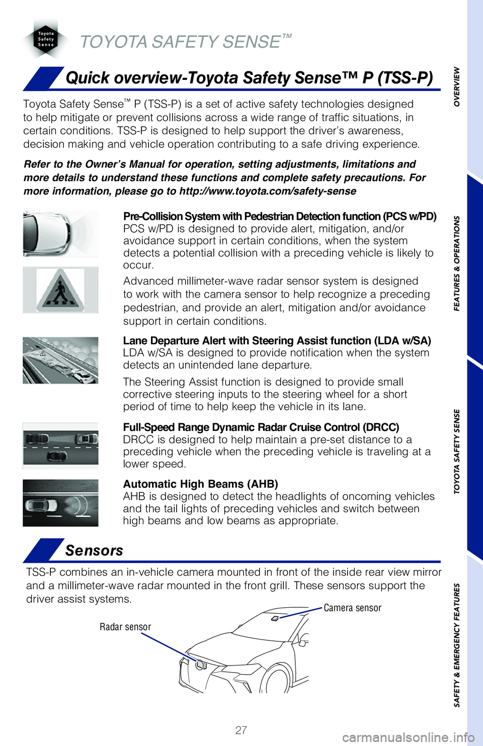 TOYOTA AVALON 2019 (in English) Owners Manual 27
Quick overview-Toyota Safety Sense™ P (TSS-P)
Sensors
TSS-P combines an in-vehicle camera mounted in front of the inside rear \
view mirror
and a millimeter-wave radar mounted in the front grill TOYOTA AVALON 2019 (in English) Owners Manual 27
Quick overview-Toyota Safety Sense™ P (TSS-P)
Sensors
TSS-P combines an in-vehicle camera mounted in front of the inside rear \
view mirror
and a millimeter-wave radar mounted in the front grill