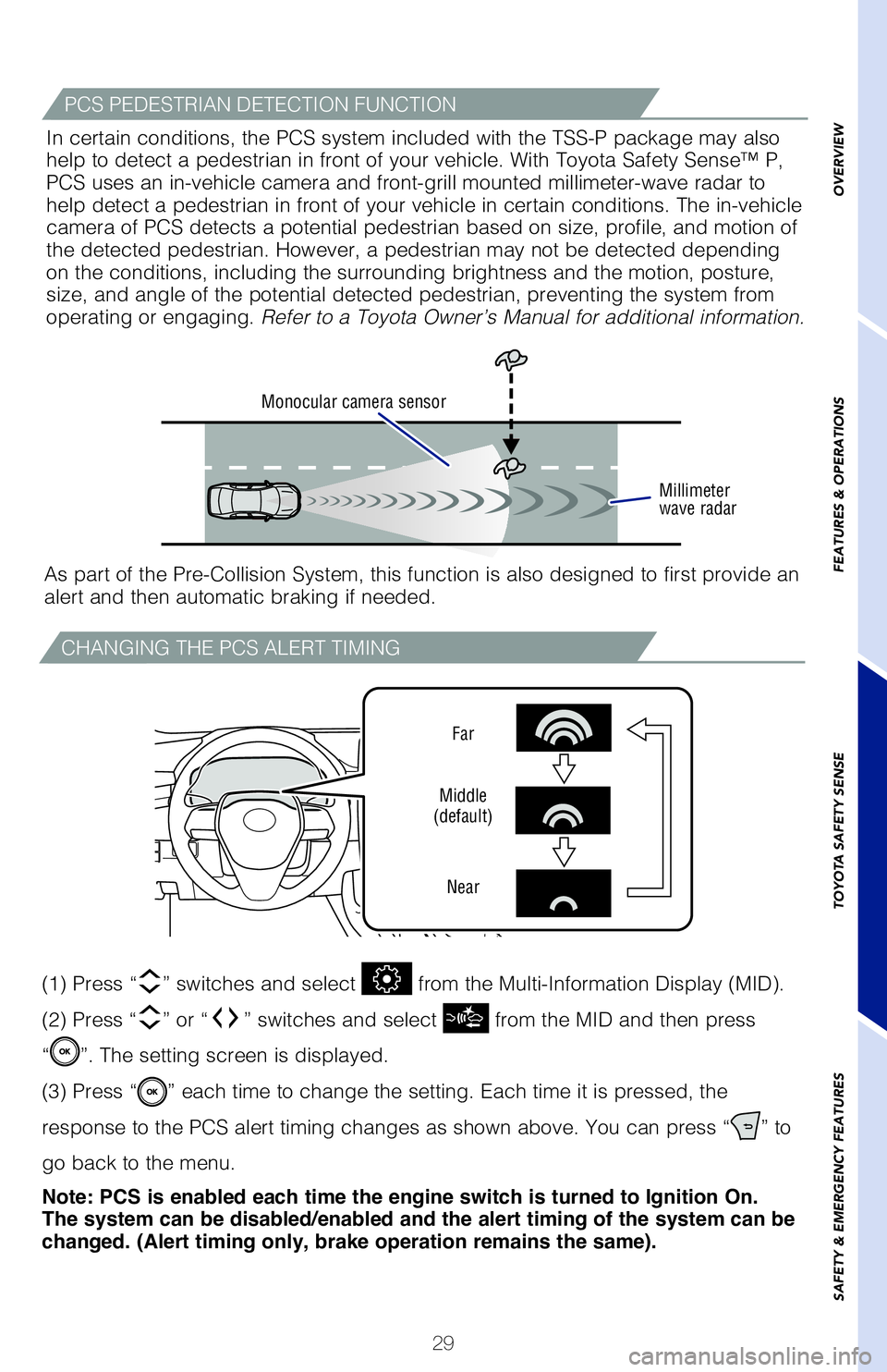 TOYOTA AVALON 2019 (in English) Owners Guide 29
The Pre-Collision System uses a radar sensor and camera sensor to help d\
etect a
vehicle or pedestrian in front of your vehicle.
As there is a limit to the degree of recognition accuracy and cont TOYOTA AVALON 2019 (in English) Owners Guide 29
The Pre-Collision System uses a radar sensor and camera sensor to help d\
etect a
vehicle or pedestrian in front of your vehicle.
As there is a limit to the degree of recognition accuracy and cont