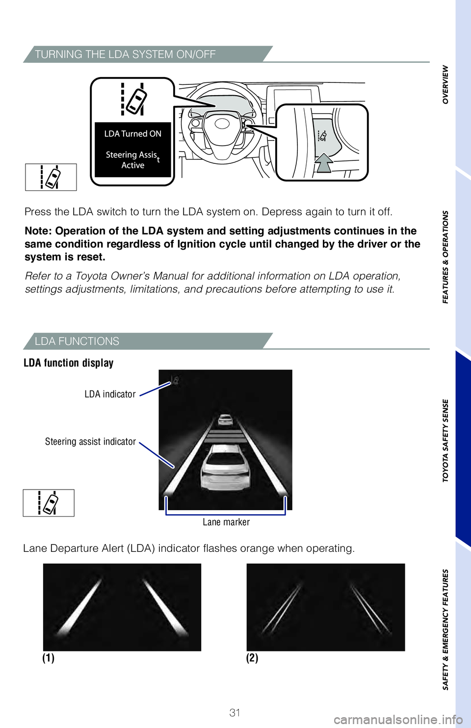 TOYOTA AVALON 2019 (in English) Owners Guide 31
LDA in TSS-P uses an in-vehicle camera designed to detect visible white \
and yellow
lane markers in front of the vehicle and the vehicle’s position on th\
e road. If the
system determines that TOYOTA AVALON 2019 (in English) Owners Guide 31
LDA in TSS-P uses an in-vehicle camera designed to detect visible white \
and yellow
lane markers in front of the vehicle and the vehicle’s position on th\
e road. If the
system determines that