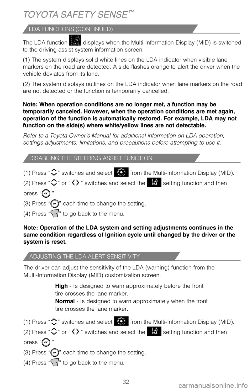 TOYOTA AVALON 2019 (in English) Owners Guide 32
The LDA function
displays when the Multi-Information Display (MID) is switched
to the driving assist system information screen.
(1) The system displays solid white lines on the LDA indicator whe TOYOTA AVALON 2019 (in English) Owners Guide 32
The LDA function
displays when the Multi-Information Display (MID) is switched
to the driving assist system information screen.
(1) The system displays solid white lines on the LDA indicator whe