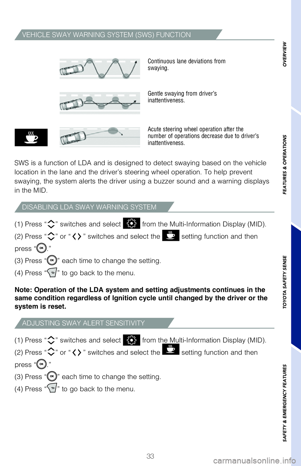 TOYOTA AVALON 2019 (in English) Owners Guide 33
The LDA function displays when the Multi-Information Display (MID) is switched
to the driving assist system information screen.
(1) The system displays solid white lines on the LDA indicator when TOYOTA AVALON 2019 (in English) Owners Guide 33
The LDA function displays when the Multi-Information Display (MID) is switched
to the driving assist system information screen.
(1) The system displays solid white lines on the LDA indicator when