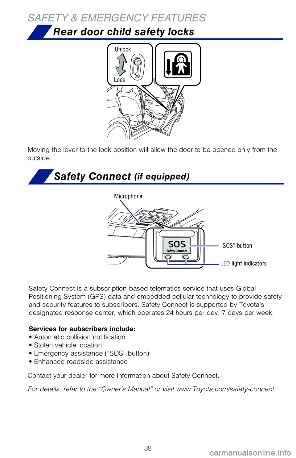 TOYOTA AVALON 2019 (in English) Owners Guide 38
SAFETY & EMERGENCY FEATURES
Moving the lever to the lock position will allow the door to be opened o\
nly from the
outside.
Lock
Unlock
NOTE: If a passenger’s seat belt is fully extended, then r TOYOTA AVALON 2019 (in English) Owners Guide 38
SAFETY & EMERGENCY FEATURES
Moving the lever to the lock position will allow the door to be opened o\
nly from the
outside.
Lock
Unlock
NOTE: If a passenger’s seat belt is fully extended, then r