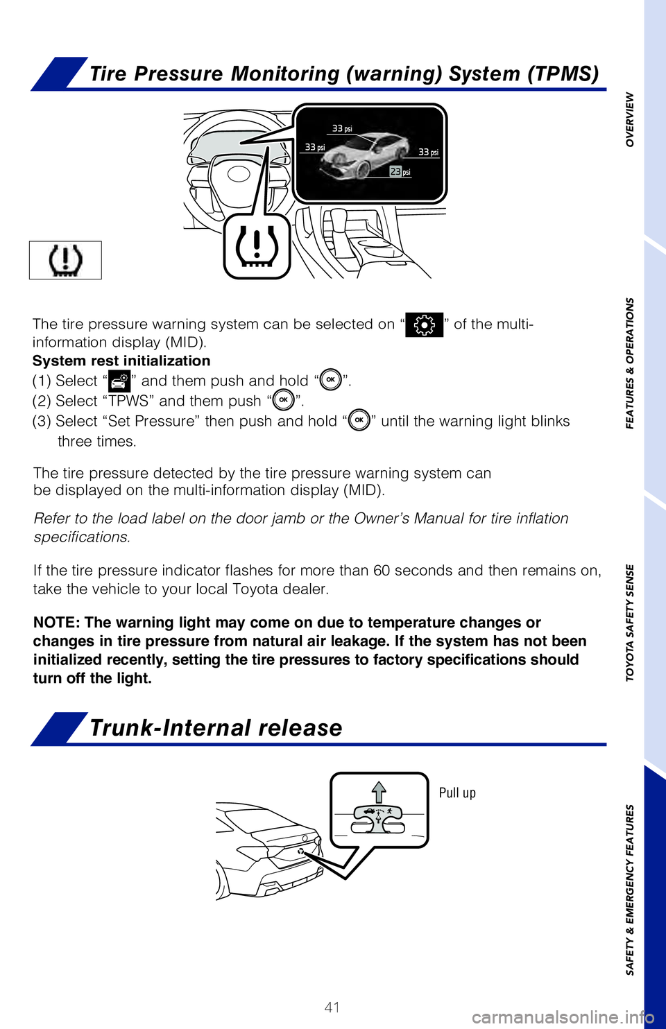 TOYOTA AVALON 2019 (in English) Service Manual 41
Luggage floor coverWheel nut wrench
Pull up
Refer to the Owner’s Manual for tire changing and jack positioning pr\
ocedures.
(2) Loosen the center fastener that secures the spare tire.
Trunk-In TOYOTA AVALON 2019 (in English) Service Manual 41
Luggage floor coverWheel nut wrench
Pull up
Refer to the Owner’s Manual for tire changing and jack positioning pr\
ocedures.
(2) Loosen the center fastener that secures the spare tire.
Trunk-In