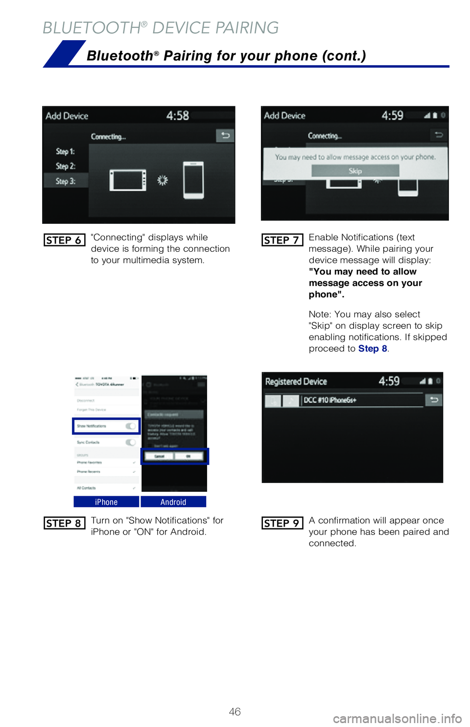 TOYOTA AVALON 2019 (in English) Service Manual 46
BLUETOOTH® DEVICE PAIRING
"Connecting" displays while
device is forming the connection
to your multimedia system.Enable Notifications (text
message). While pairing your
device message TOYOTA AVALON 2019 (in English) Service Manual 46
BLUETOOTH® DEVICE PAIRING
"Connecting" displays while
device is forming the connection
to your multimedia system.Enable Notifications (text
message). While pairing your
device message