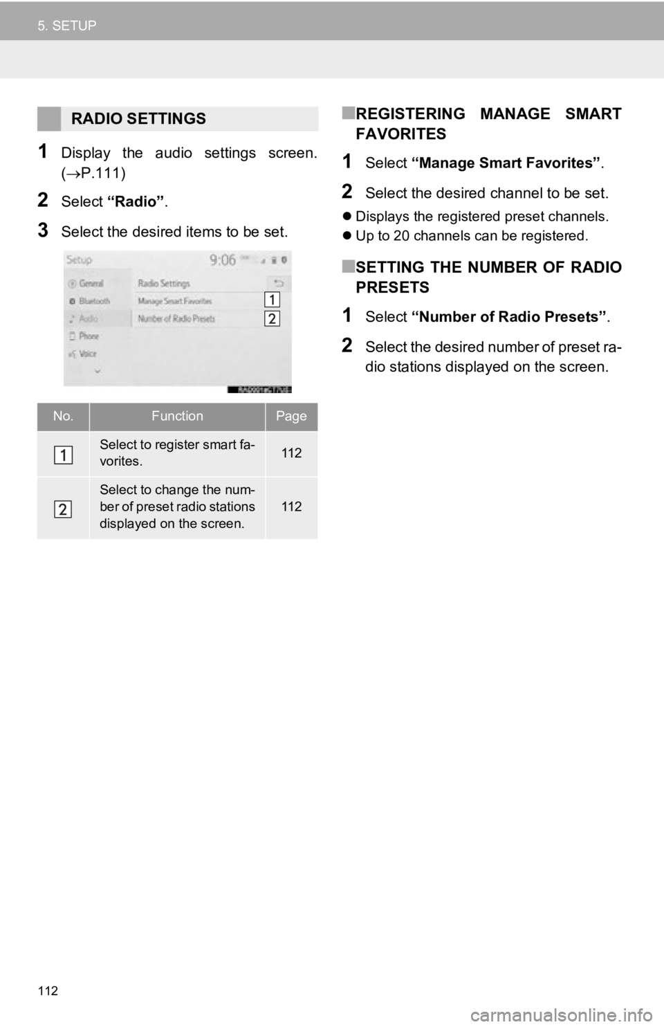 TOYOTA AVALON 2019 Accessories, Audio & Navigation (in English) 112
5. SETUP
1Display the audio settings screen.
(P.111)
2Select “Radio” .
3Select the desired items to be set.
■REGISTERING MANAGE SMART
FAVORITES
1Select “Manage Smart Favorites” TOYOTA AVALON 2019 Accessories, Audio & Navigation (in English) 112
5. SETUP
1Display the audio settings screen.
(P.111)
2Select “Radio” .
3Select the desired items to be set.
■REGISTERING MANAGE SMART
FAVORITES
1Select “Manage Smart Favorites”