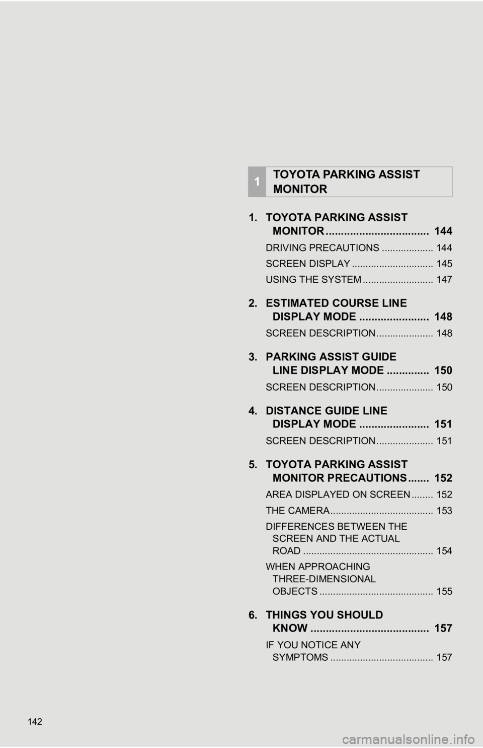TOYOTA AVALON 2019 Accessories, Audio & Navigation (in English) 142
1. TOYOTA PARKING ASSISTMONITOR .................................. 144
DRIVING PRECAUTIONS ................... 144
SCREEN DISPLAY .............................. 145
USING THE SYSTEM ............. TOYOTA AVALON 2019 Accessories, Audio & Navigation (in English) 142
1. TOYOTA PARKING ASSISTMONITOR .................................. 144
DRIVING PRECAUTIONS ................... 144
SCREEN DISPLAY .............................. 145
USING THE SYSTEM .............