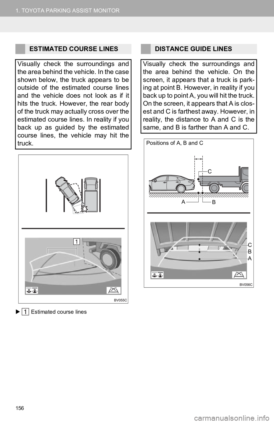 TOYOTA AVALON 2019 Accessories, Audio & Navigation (in English) 156
1. TOYOTA PARKING ASSIST MONITOR
Estimated course lines
ESTIMATED COURSE LINES
Visually check the surroundings and
the area behind the vehicle. In the case
shown below, the truck appear TOYOTA AVALON 2019 Accessories, Audio & Navigation (in English) 156
1. TOYOTA PARKING ASSIST MONITOR
Estimated course lines
ESTIMATED COURSE LINES
Visually check the surroundings and
the area behind the vehicle. In the case
shown below, the truck appear