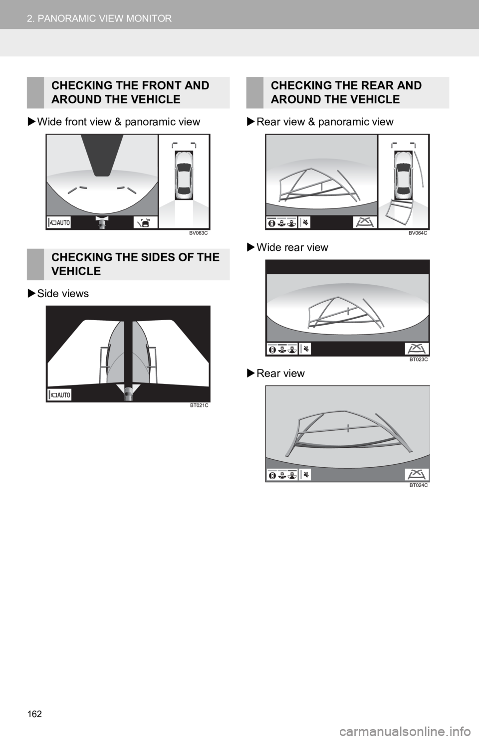 TOYOTA AVALON 2019 Accessories, Audio & Navigation (in English) 162
2. PANORAMIC VIEW MONITOR
Wide front view & panoramic view
Side views
Rear view & panoramic view
Wide rear view
Rear view
CHECKING THE FRONT AND
AROUND THE VEHICLE
CHECKING THE TOYOTA AVALON 2019 Accessories, Audio & Navigation (in English) 162
2. PANORAMIC VIEW MONITOR
Wide front view & panoramic view
Side views
Rear view & panoramic view
Wide rear view
Rear view
CHECKING THE FRONT AND
AROUND THE VEHICLE
CHECKING THE