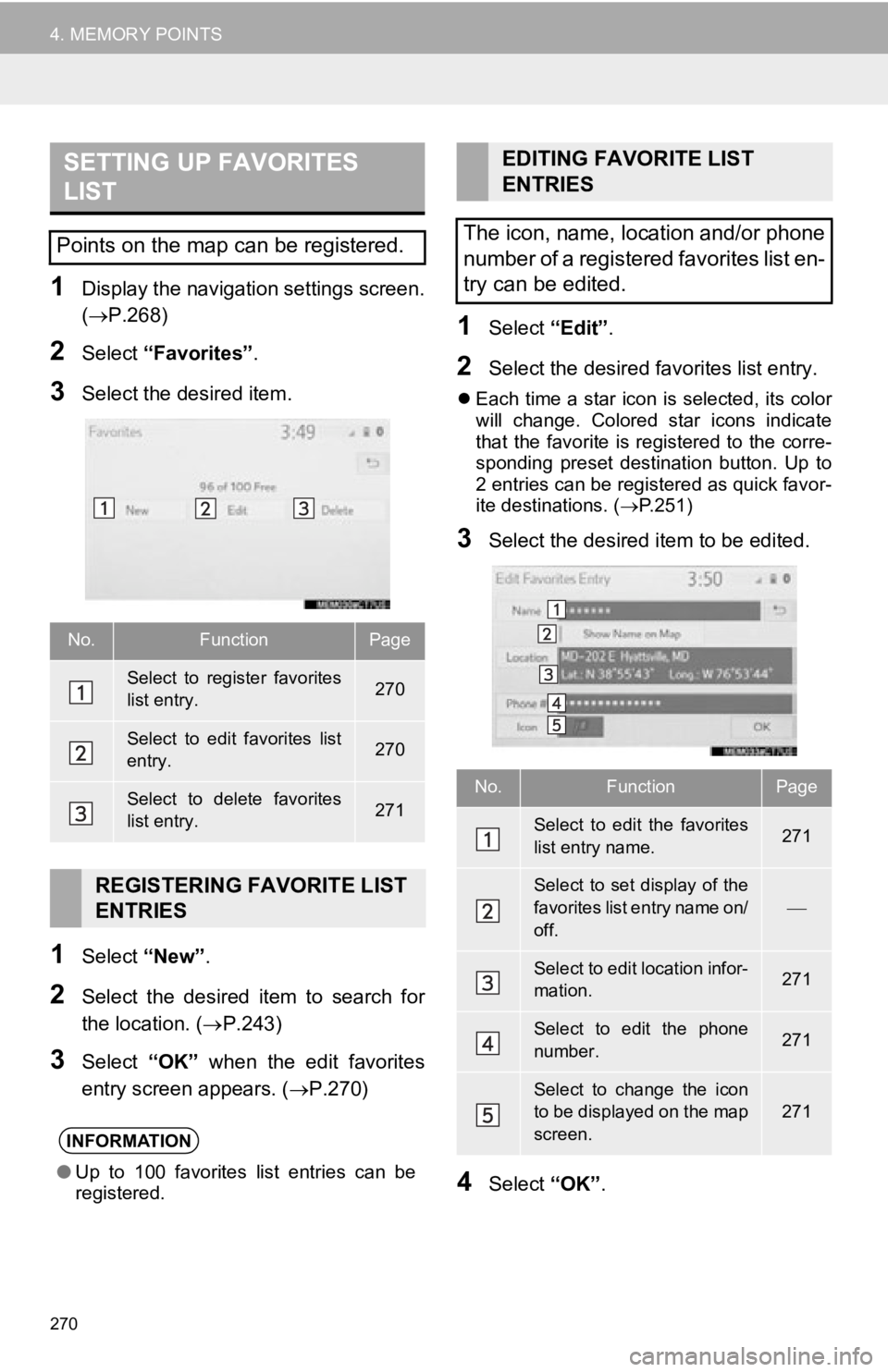TOYOTA AVALON 2019 Accessories, Audio & Navigation (in English) 270
4. MEMORY POINTS
1Display the navigation settings screen.
(P.268)
2Select “Favorites” .
3Select the desired item.
1Select “New”.
2Select the desired item to search for
the locatio TOYOTA AVALON 2019 Accessories, Audio & Navigation (in English) 270
4. MEMORY POINTS
1Display the navigation settings screen.
(P.268)
2Select “Favorites” .
3Select the desired item.
1Select “New”.
2Select the desired item to search for
the locatio