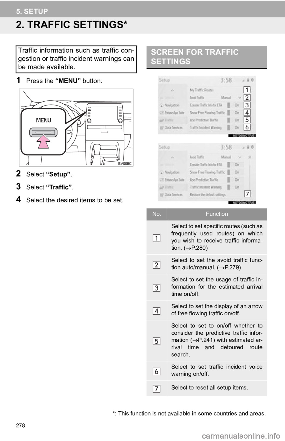 TOYOTA AVALON 2019  Accessories, Audio & Navigation (in English) 278
5. SETUP
2. TRAFFIC SETTINGS*
1Press the “MENU” button.
2Select “Setup” .
3Select “Traffic”.
4Select the desired items to be set.
Traffic  information  such  as  traffic  con-
gestion 