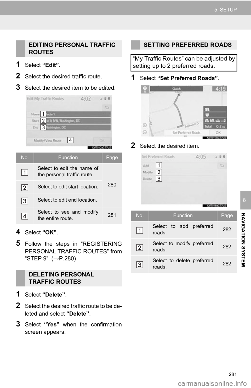 TOYOTA AVALON 2019 Accessories, Audio & Navigation (in English) 281
5. SETUP
NAVIGATION SYSTEM
8
1Select “Edit”.
2Select the desir ed traffic route.
3Select the desired item to be edited.
4Select “OK”.
5Follow the steps in “REGISTERING
PERSONAL TRAF TOYOTA AVALON 2019 Accessories, Audio & Navigation (in English) 281
5. SETUP
NAVIGATION SYSTEM
8
1Select “Edit”.
2Select the desir ed traffic route.
3Select the desired item to be edited.
4Select “OK”.
5Follow the steps in “REGISTERING
PERSONAL TRAF