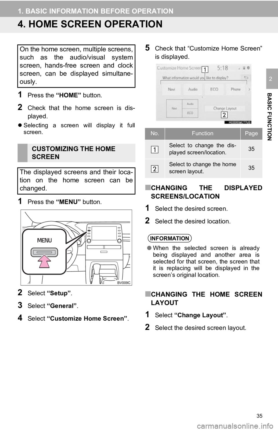 TOYOTA AVALON 2019 Accessories, Audio & Navigation (in English) 35
1. BASIC INFORMATION BEFORE OPERATION
BASIC FUNCTION
2
4. HOME SCREEN OPERATION
1Press the “HOME” button.
2Check that the home screen is dis-
played.
Selecting a screen will displa TOYOTA AVALON 2019 Accessories, Audio & Navigation (in English) 35
1. BASIC INFORMATION BEFORE OPERATION
BASIC FUNCTION
2
4. HOME SCREEN OPERATION
1Press the “HOME” button.
2Check that the home screen is dis-
played.
Selecting a screen will displa