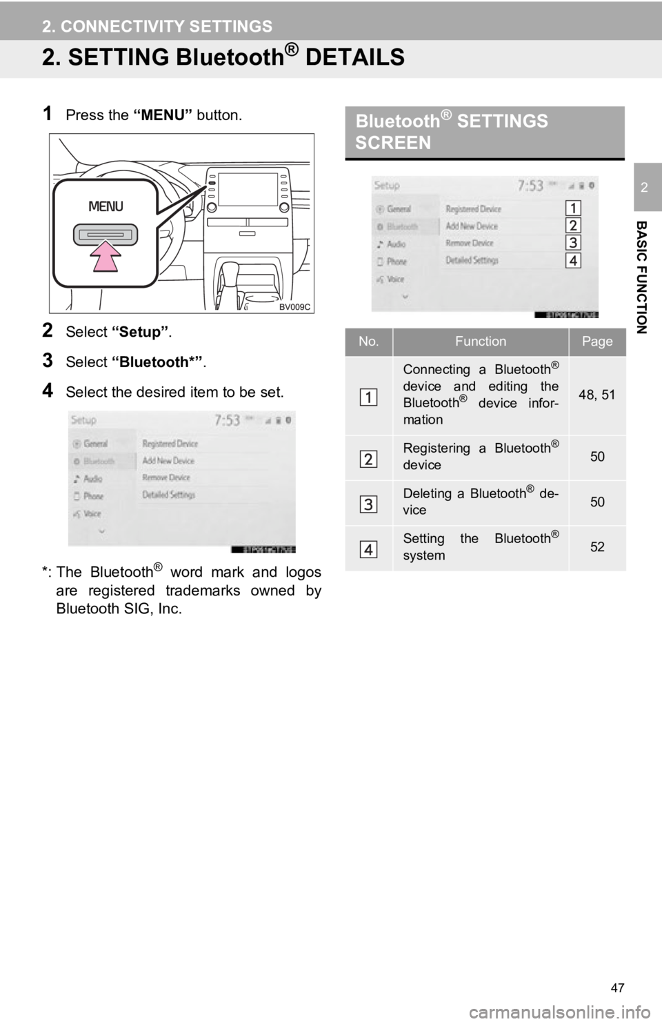 TOYOTA AVALON 2019 Accessories, Audio & Navigation (in English) 47
2. CONNECTIVITY SETTINGS
BASIC FUNCTION
2
2. SETTING Bluetooth® DETAILS
1Press the “MENU” button.
2Select “Setup” .
3Select “Bluetooth*” .
4Select the desired item to be set.
*: The TOYOTA AVALON 2019 Accessories, Audio & Navigation (in English) 47
2. CONNECTIVITY SETTINGS
BASIC FUNCTION
2
2. SETTING Bluetooth® DETAILS
1Press the “MENU” button.
2Select “Setup” .
3Select “Bluetooth*” .
4Select the desired item to be set.
*: The