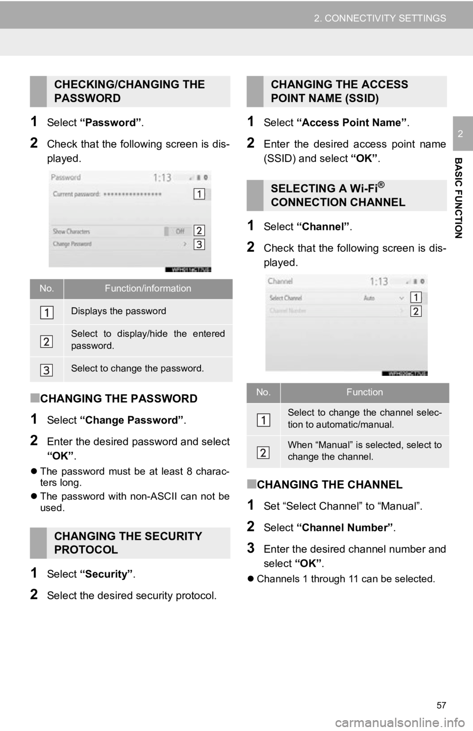 TOYOTA AVALON 2019 Accessories, Audio & Navigation (in English) 57
2. CONNECTIVITY SETTINGS
BASIC FUNCTION
21Select “Password” .
2Check that the following screen is dis-
played.
■CHANGING THE PASSWORD
1Select “Change Password” .
2Enter the desired passwo TOYOTA AVALON 2019 Accessories, Audio & Navigation (in English) 57
2. CONNECTIVITY SETTINGS
BASIC FUNCTION
21Select “Password” .
2Check that the following screen is dis-
played.
■CHANGING THE PASSWORD
1Select “Change Password” .
2Enter the desired passwo