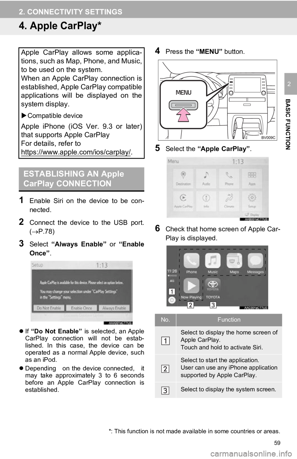 TOYOTA AVALON 2019 Accessories, Audio & Navigation (in English) 59
2. CONNECTIVITY SETTINGS
BASIC FUNCTION
2
4. Apple CarPlay*
1Enable Siri on the device to be con-
nected.
2Connect the device to the USB port.
(P.78)
3Select “Always Enable” o TOYOTA AVALON 2019 Accessories, Audio & Navigation (in English) 59
2. CONNECTIVITY SETTINGS
BASIC FUNCTION
2
4. Apple CarPlay*
1Enable Siri on the device to be con-
nected.
2Connect the device to the USB port.
(P.78)
3Select “Always Enable” o