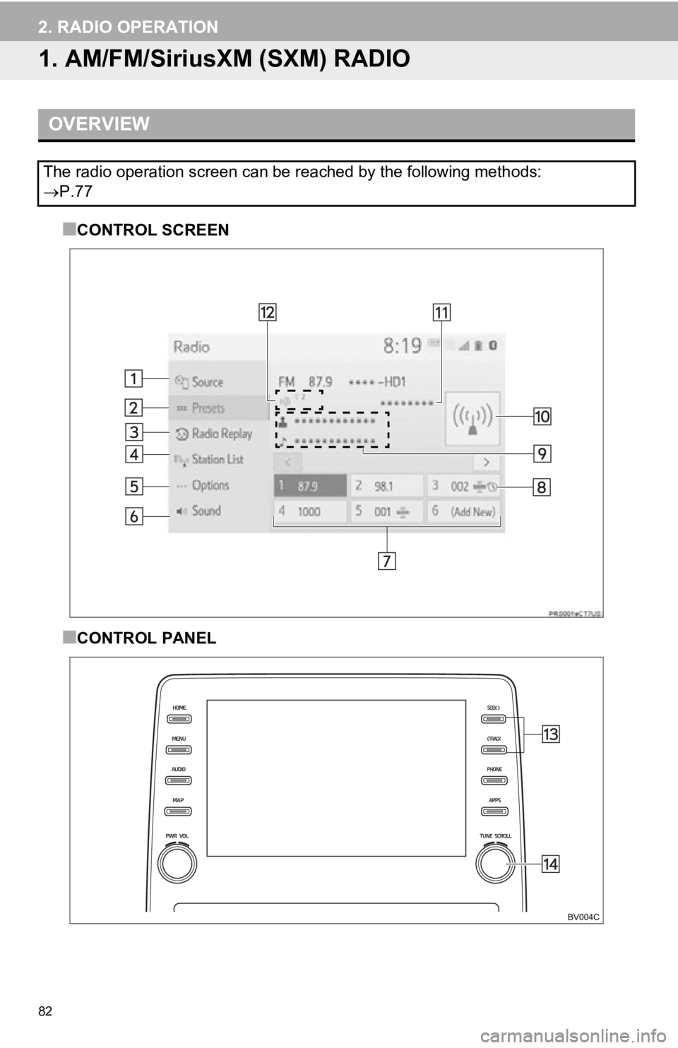 TOYOTA AVALON 2019 Accessories, Audio & Navigation (in English) 82
2. RADIO OPERATION
1. AM/FM/SiriusXM (SXM) RADIO
■CONTROL SCREEN
■CONTROL PANEL
OVERVIEW
The radio operation screen can be reached by the following meth ods:
P.77 TOYOTA AVALON 2019 Accessories, Audio & Navigation (in English) 82
2. RADIO OPERATION
1. AM/FM/SiriusXM (SXM) RADIO
■CONTROL SCREEN
■CONTROL PANEL
OVERVIEW
The radio operation screen can be reached by the following meth ods:
P.77