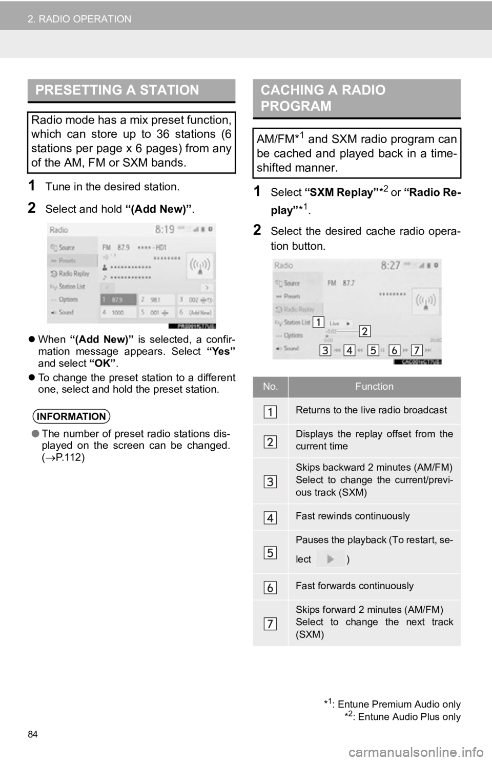 TOYOTA AVALON 2019 Accessories, Audio & Navigation (in English) 84
2. RADIO OPERATION
1Tune in the desired station.
2Select and hold “(Add New)”.
When “(Add New)” is selected, a confir-
mation message appears. Select “Yes”
and select TOYOTA AVALON 2019 Accessories, Audio & Navigation (in English) 84
2. RADIO OPERATION
1Tune in the desired station.
2Select and hold “(Add New)”.
When “(Add New)” is selected, a confir-
mation message appears. Select “Yes”
and select