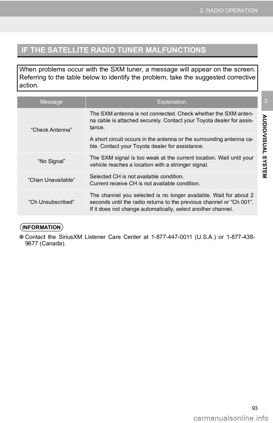TOYOTA AVALON 2019 Accessories, Audio & Navigation (in English) 93
2. RADIO OPERATION
AUDIO/VISUAL SYSTEM
3
IF THE SATELLITE RADIO TUNER MALFUNCTIONS
When problems occur with the SXM tuner, a message will appear on the screen.
Referring to the table below to ident TOYOTA AVALON 2019 Accessories, Audio & Navigation (in English) 93
2. RADIO OPERATION
AUDIO/VISUAL SYSTEM
3
IF THE SATELLITE RADIO TUNER MALFUNCTIONS
When problems occur with the SXM tuner, a message will appear on the screen.
Referring to the table below to ident