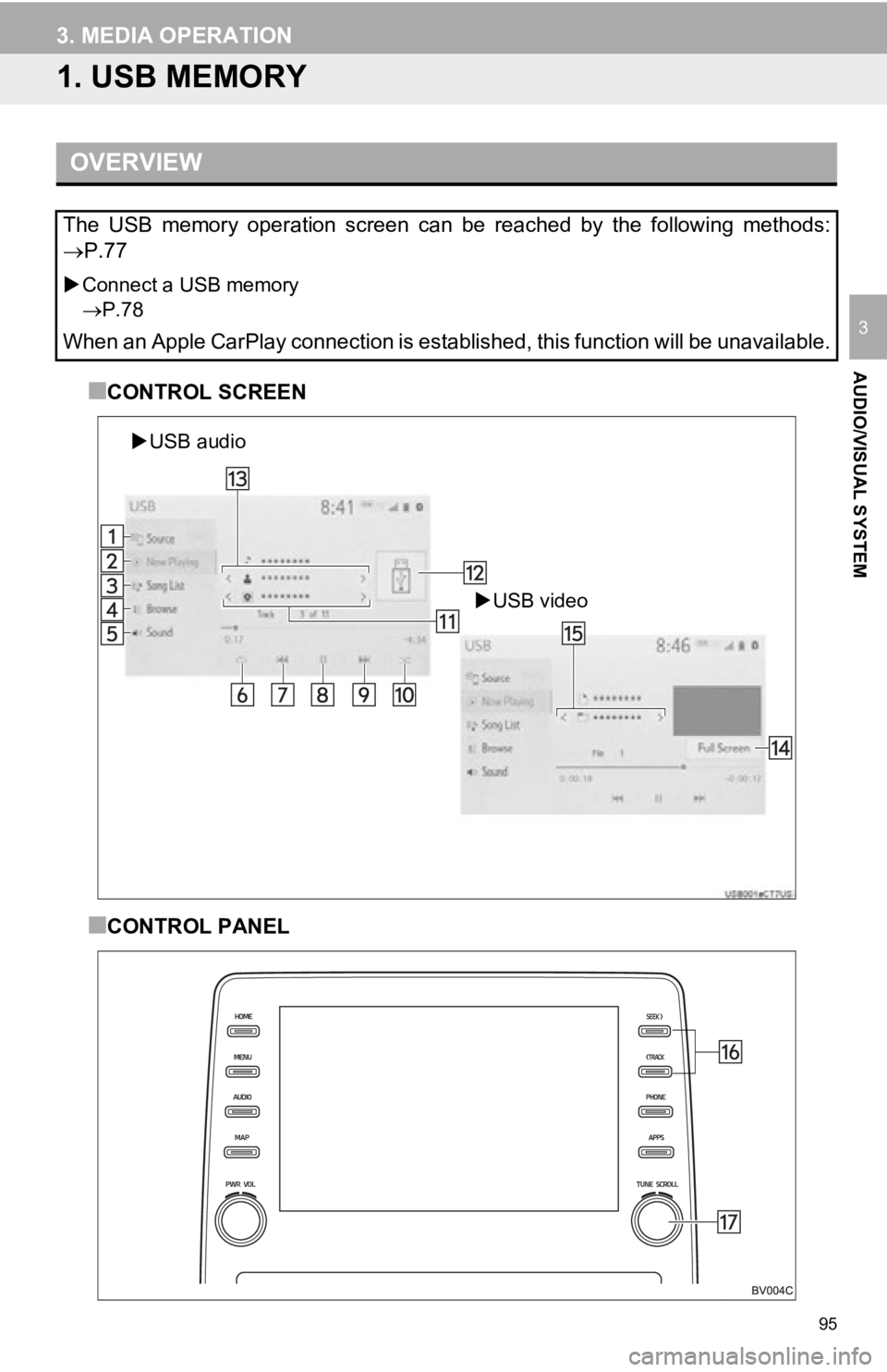 TOYOTA AVALON 2019 Accessories, Audio & Navigation (in English) 95
AUDIO/VISUAL SYSTEM
3
3. MEDIA OPERATION
1. USB MEMORY
■CONTROL SCREEN
■CONTROL PANEL
OVERVIEW
The USB memory operation screen can be reached by the following methods:
P.77
Con TOYOTA AVALON 2019 Accessories, Audio & Navigation (in English) 95
AUDIO/VISUAL SYSTEM
3
3. MEDIA OPERATION
1. USB MEMORY
■CONTROL SCREEN
■CONTROL PANEL
OVERVIEW
The USB memory operation screen can be reached by the following methods:
P.77
Con