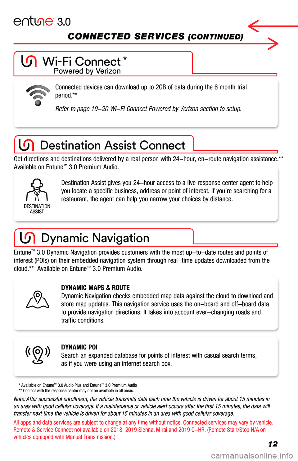 TOYOTA AVALON 2019 Accessories, Audio & Navigation (in English) 12
* Available on Entune™ 3.0 Audio Plus and Entune™ 3.0 Premium Audio** Contact with the response center may not be available in all areas.
CONNECTED SERVICES (CONTINUED)
DYNAMIC MAPS & ROUTE
Dyn TOYOTA AVALON 2019 Accessories, Audio & Navigation (in English) 12
* Available on Entune™ 3.0 Audio Plus and Entune™ 3.0 Premium Audio** Contact with the response center may not be available in all areas.
CONNECTED SERVICES (CONTINUED)
DYNAMIC MAPS & ROUTE
Dyn