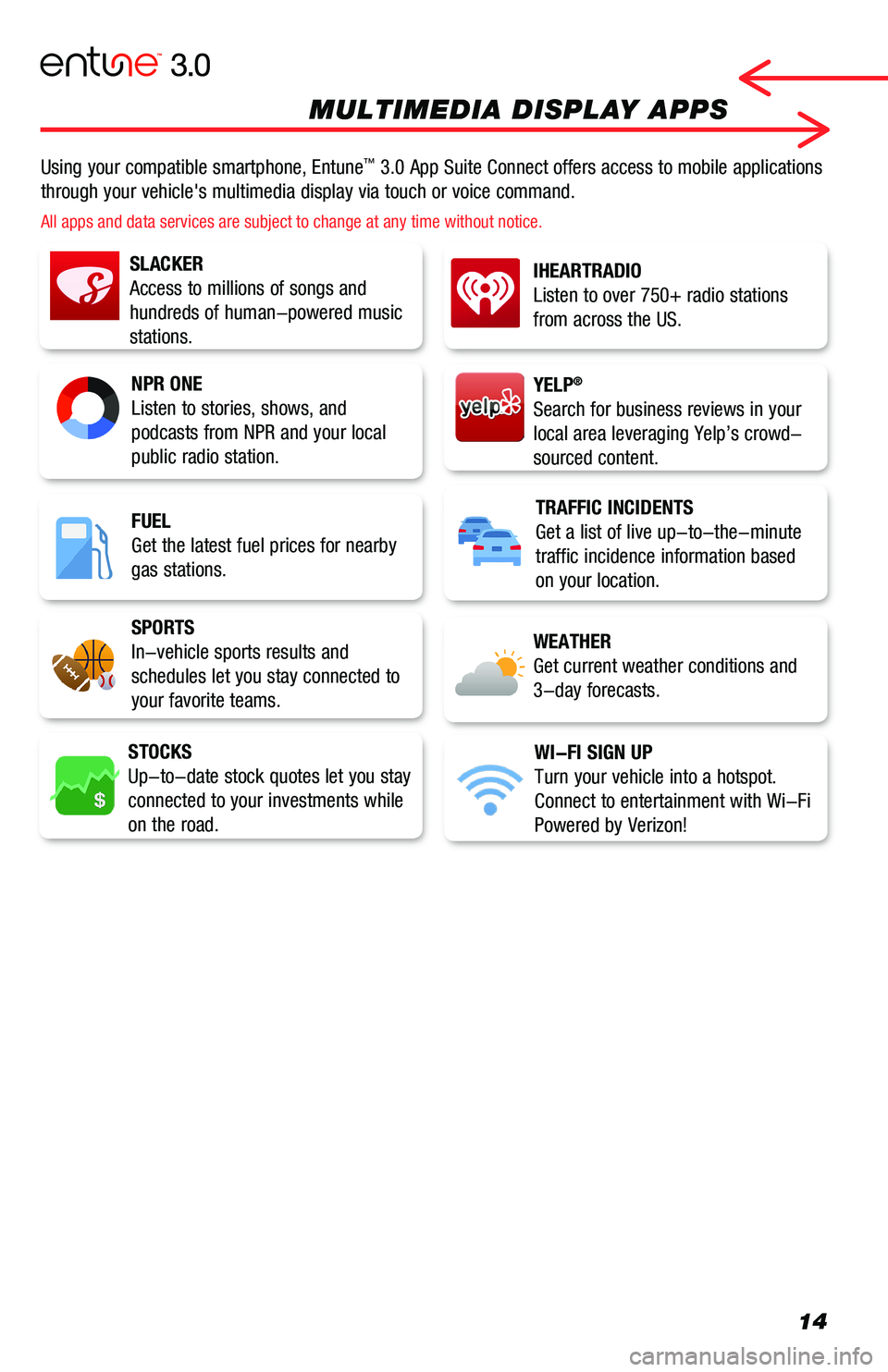 TOYOTA AVALON 2019 Accessories, Audio & Navigation (in English) 14
MULTIMEDIA DISPLAY APPS
Using your compatible smartphone, Entune™ 3.0 App Suite Connect offers access to mobile applications
through your vehicle's multimedia display via touch or voice comm TOYOTA AVALON 2019 Accessories, Audio & Navigation (in English) 14
MULTIMEDIA DISPLAY APPS
Using your compatible smartphone, Entune™ 3.0 App Suite Connect offers access to mobile applications
through your vehicle's multimedia display via touch or voice comm