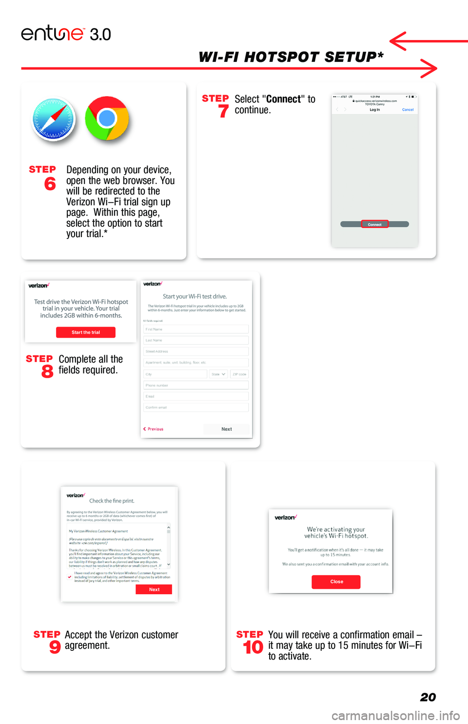 TOYOTA AVALON 2019  Accessories, Audio & Navigation (in English) STEP
8
Complete all the fields required.
Start the trial
Next
20
WI-FI HOTSPOT SETUP*
STEP
6
* Standard on Entune™ 3.0 Audio (excl C-HR), Audio Plus, and Premium Audio. Trial up to 2 G\
B within 6 m
